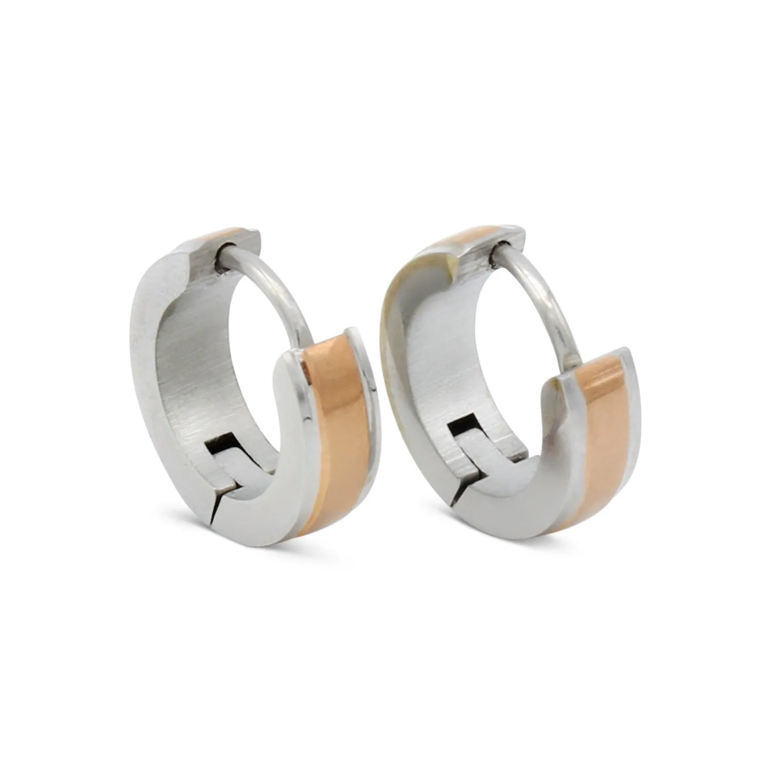 Huggie Hoop Stainless Steel Earrings with Rose Gold Stripes