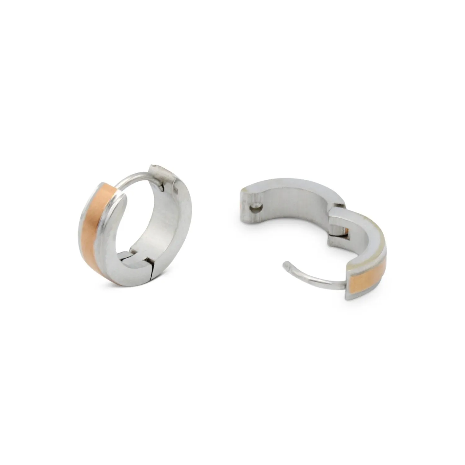 Huggie Hoop Stainless Steel Earrings with Rose Gold Stripes