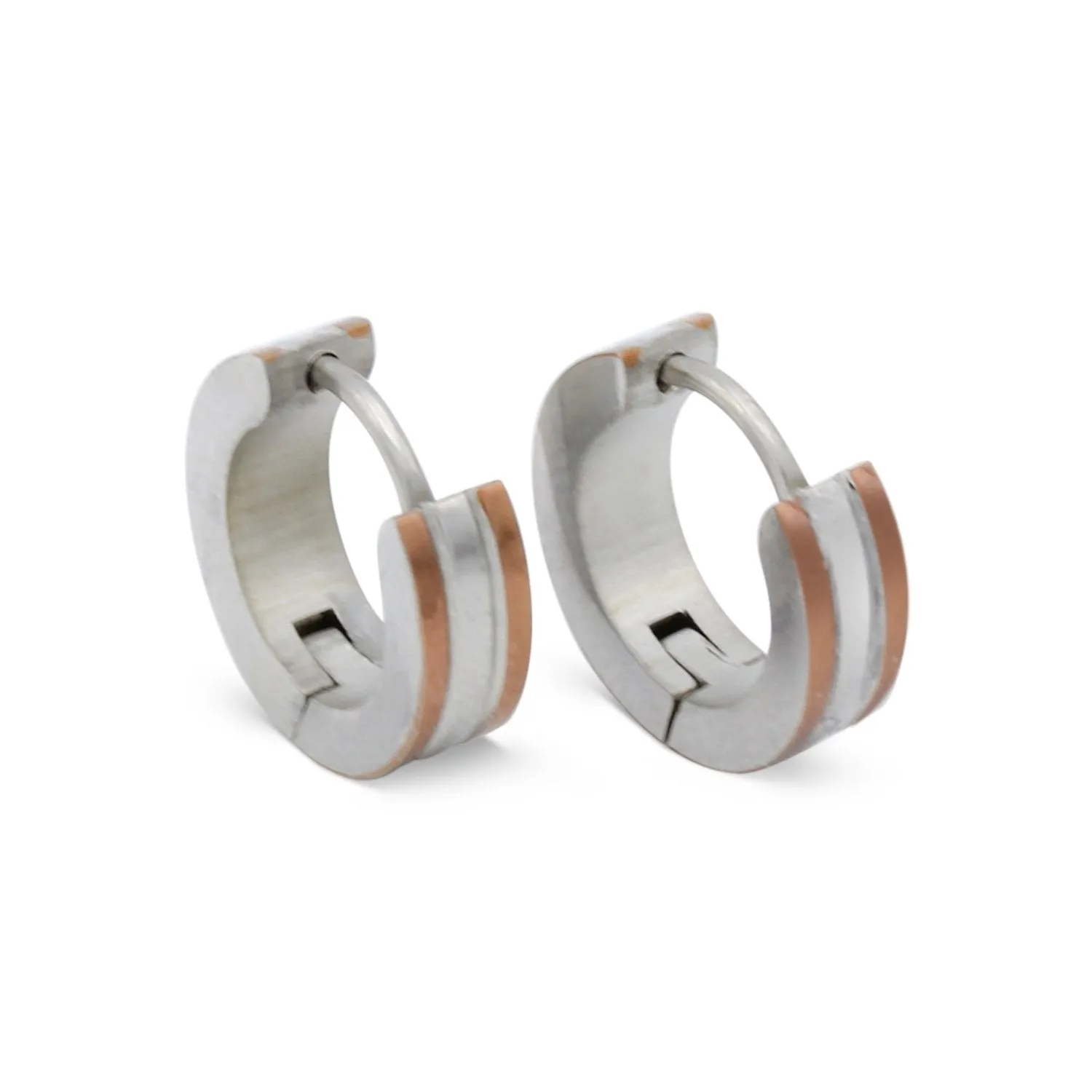 Huggie Hoop Stainless Steel Earrings with Rose Gold Stripes