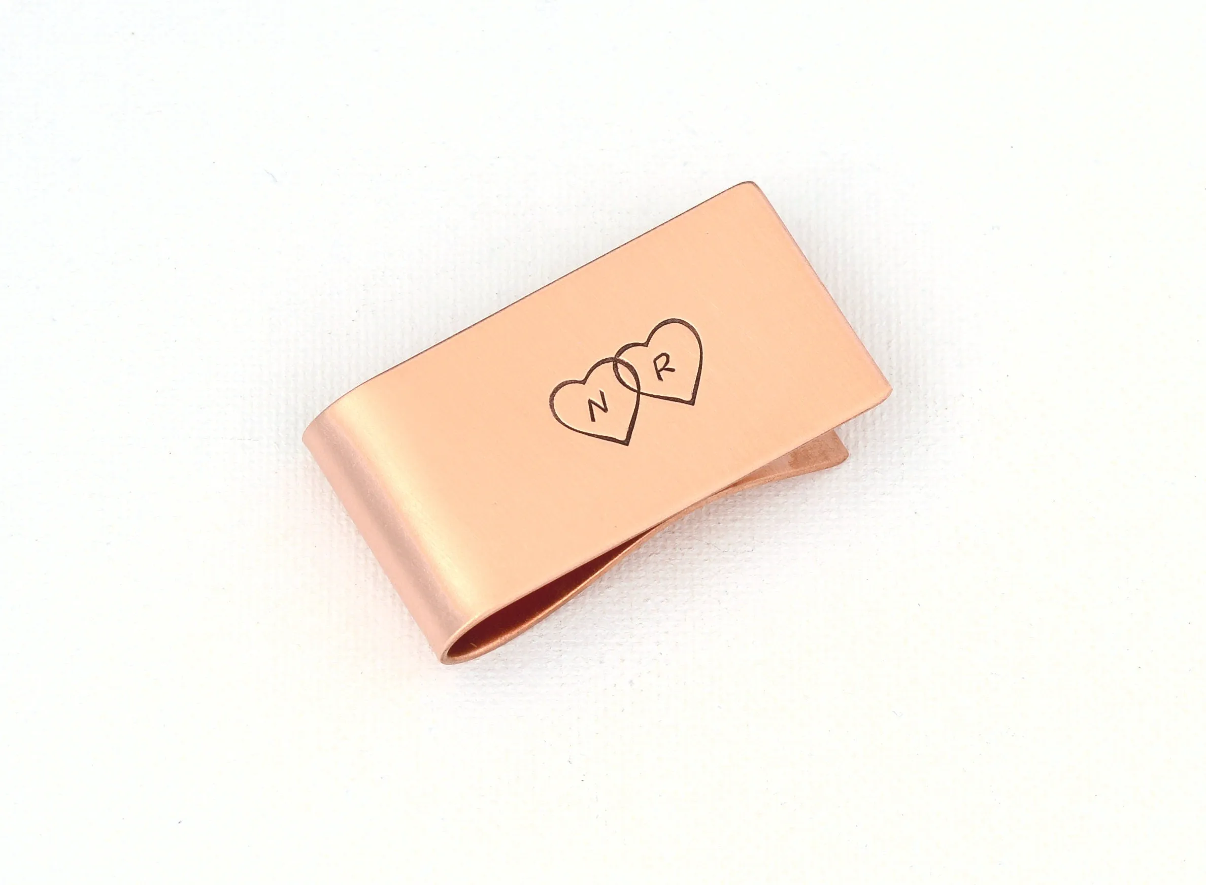 Initials and Double Hearts on a Personalized money clip in your choice of metals