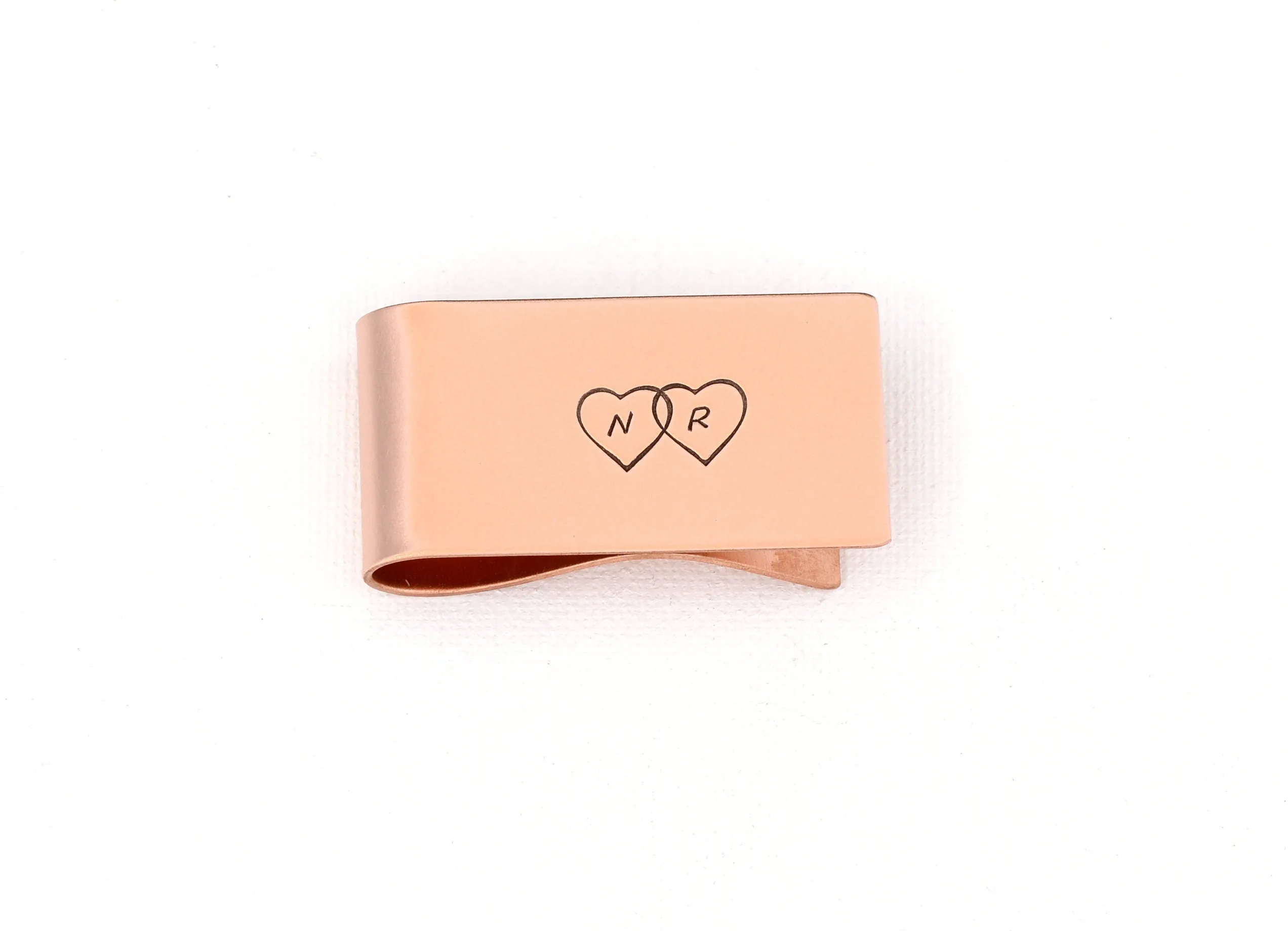 Initials and Double Hearts on a Personalized money clip in your choice of metals