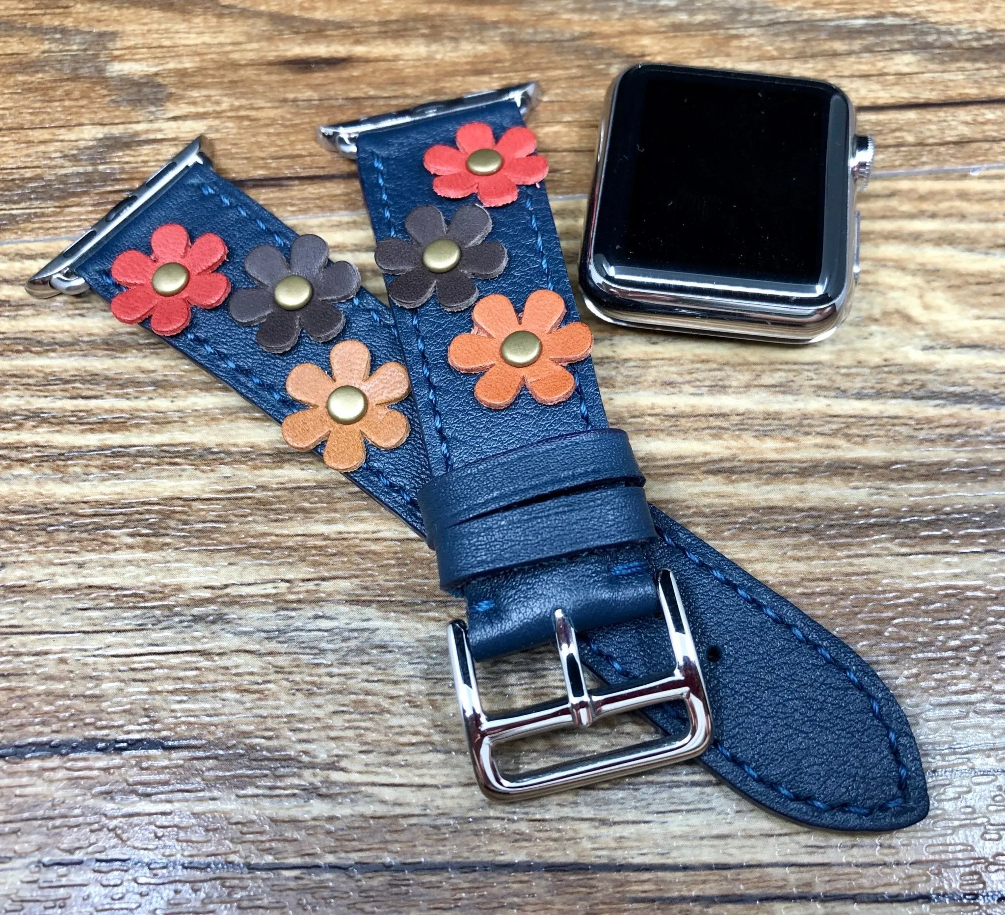 iWatch Bands, Designer Apple Watch Bands, Handmade Blue Leather Watch Bands, Garmin Watch Bands, Smart Watch Straps, iWatch Series 8 40mm 41mm