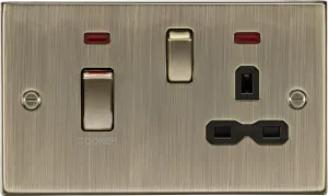 Knightsbridge CS83MNAB Square Edge 45A DP Cooker Switch   13A Switched Socket   Neons - Antique Brass   Black Insert
