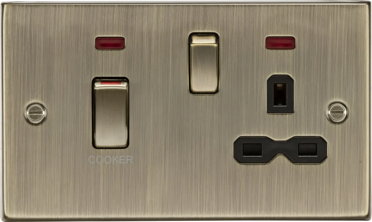 Knightsbridge CS83MNAB Square Edge 45A DP Cooker Switch   13A Switched Socket   Neons - Antique Brass   Black Insert