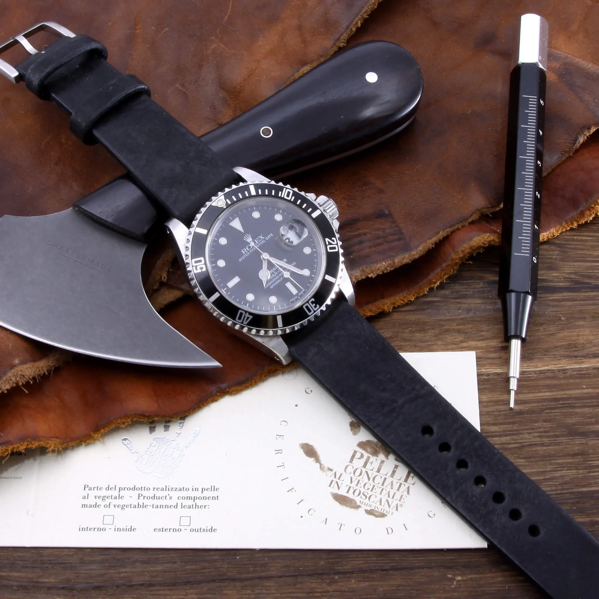Leather Watch Strap, Vintage Nero (Black) | Stitch-less