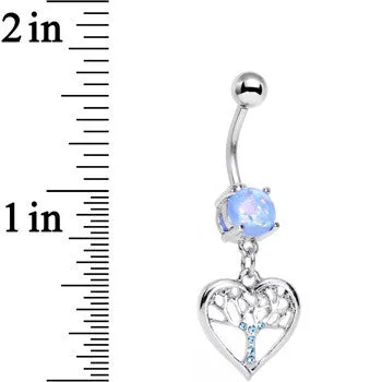 Light Blue Faux Opal Aqua Gem Tree of Life Heart Dangle Belly Ring