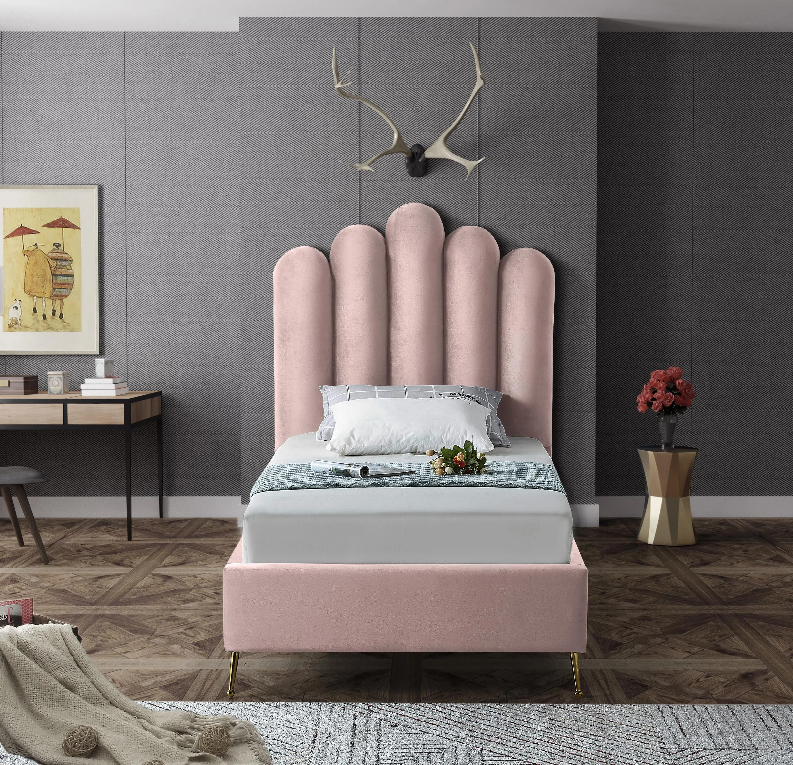 Lily Pink Velvet Twin Bed