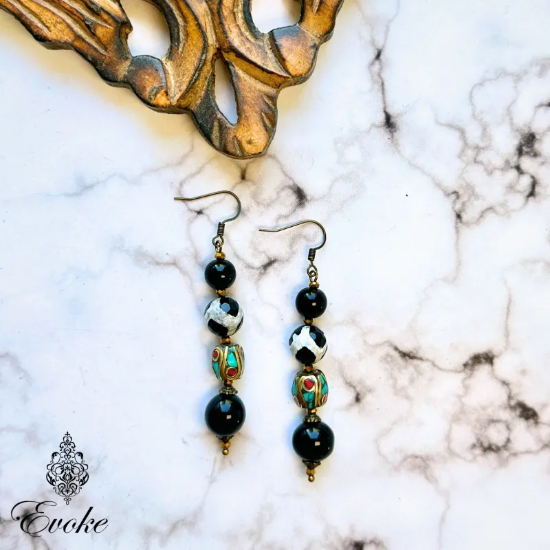 Long Necklace of Tibetan Brass, Dzi Agate and Clay beads