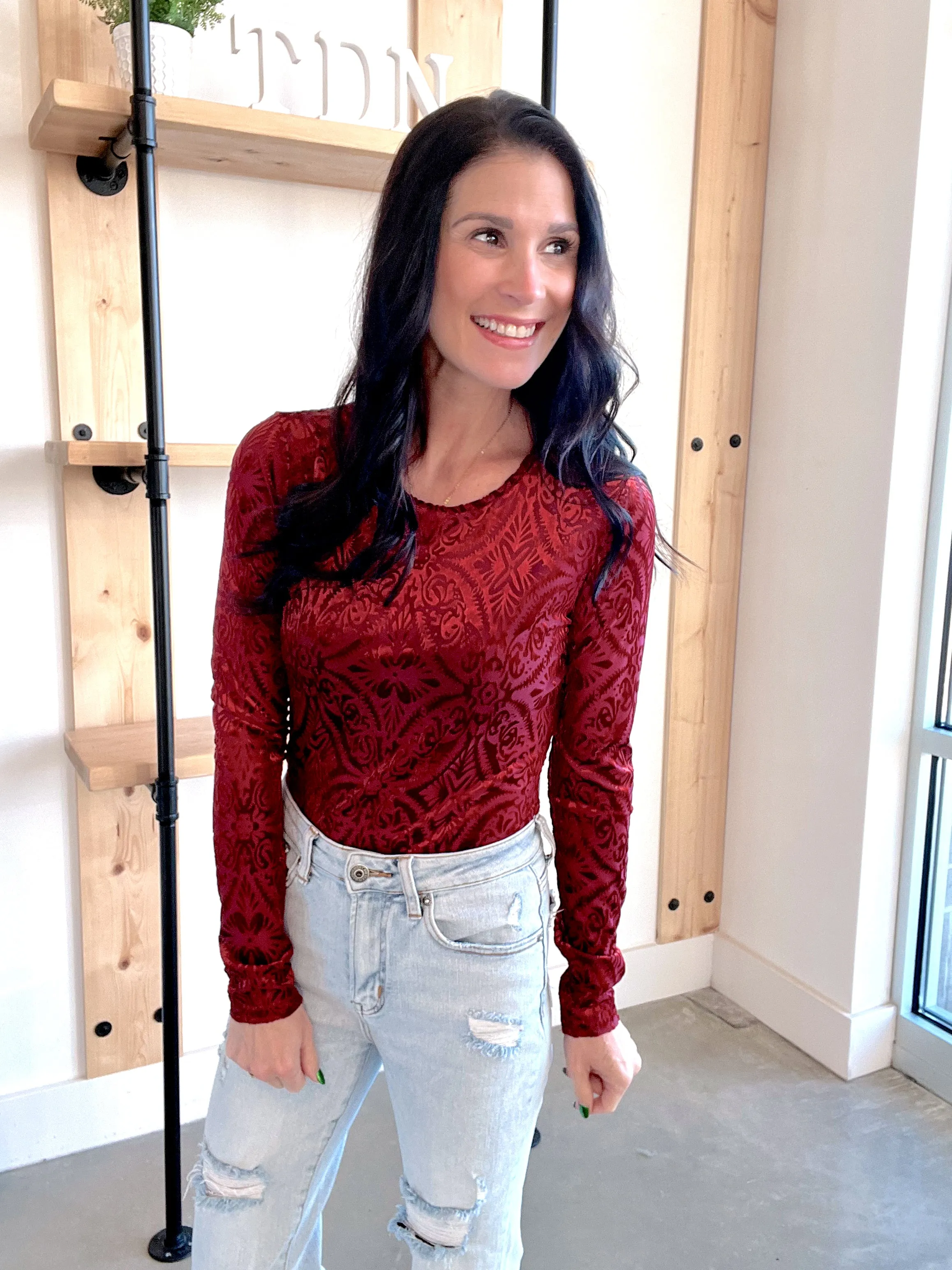Mesh & Velvet Bodysuit in Burgundy
