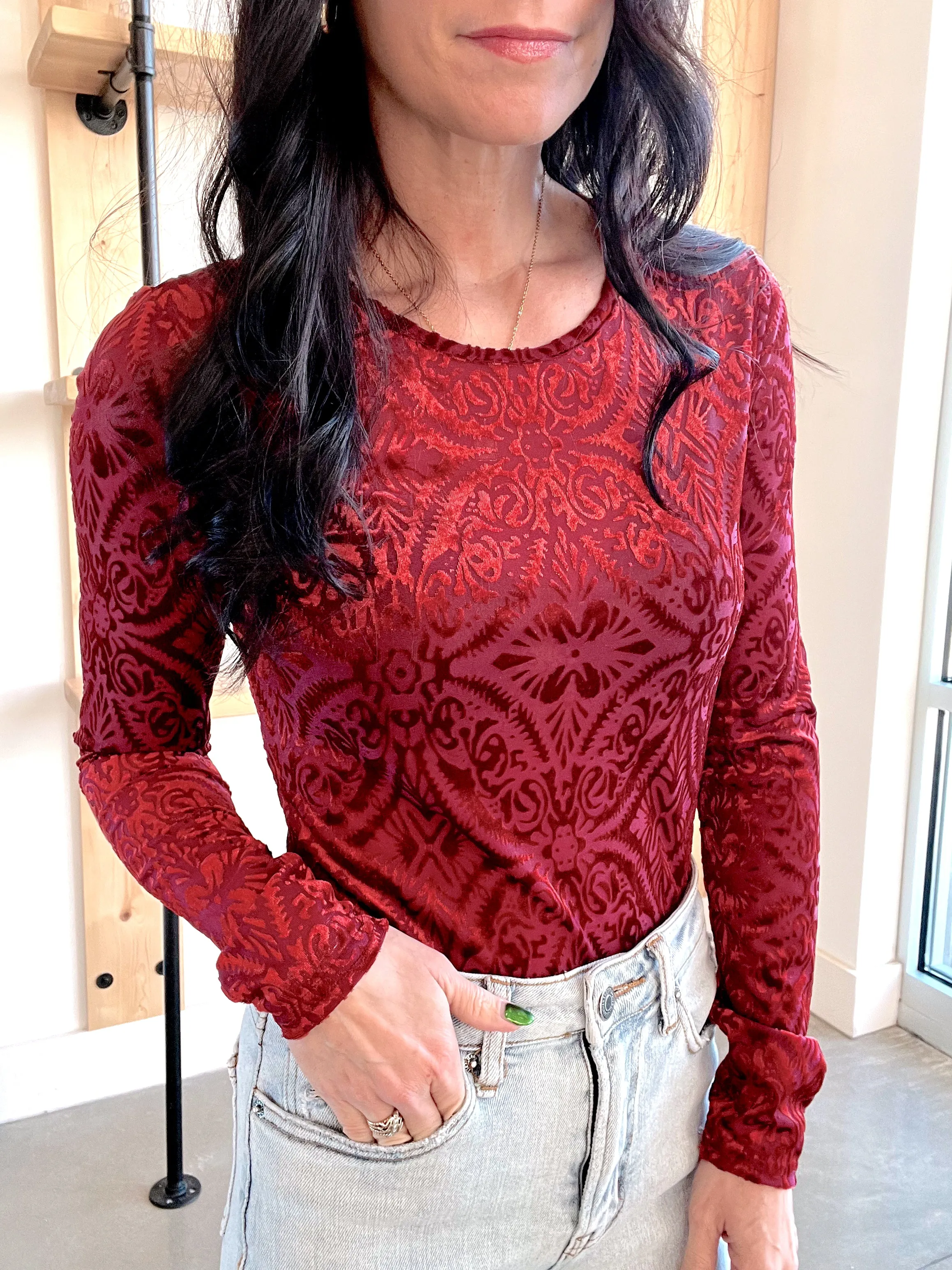 Mesh & Velvet Bodysuit in Burgundy