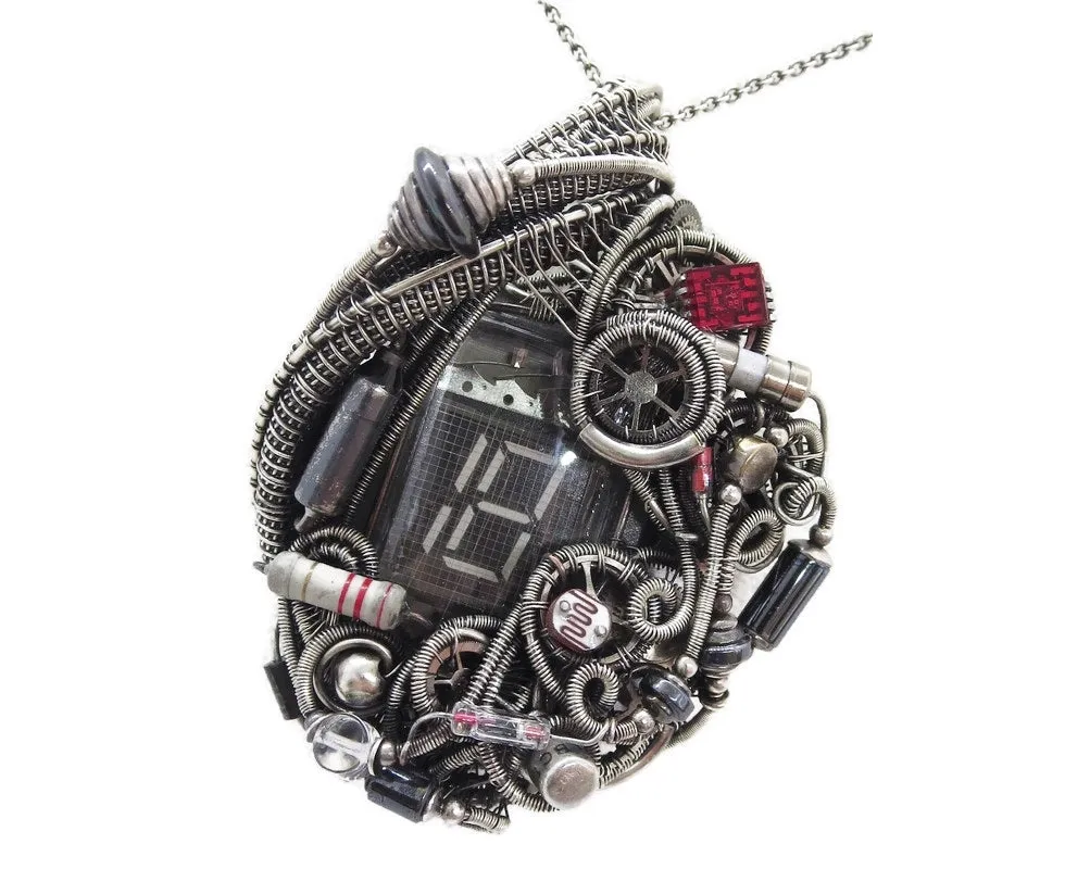 Nixie Tube Steampunk/Cyberpunk Fusion Pendant with Upcycled Watch & Electronic Parts