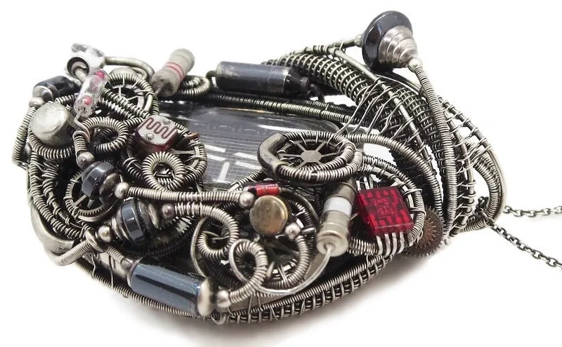 Nixie Tube Steampunk/Cyberpunk Fusion Pendant with Upcycled Watch & Electronic Parts
