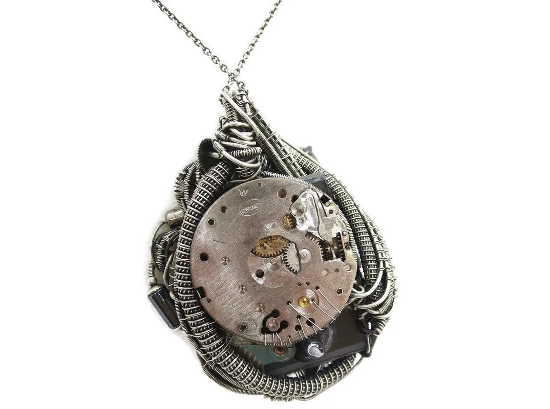 Nixie Tube Steampunk/Cyberpunk Fusion Pendant with Upcycled Watch & Electronic Parts