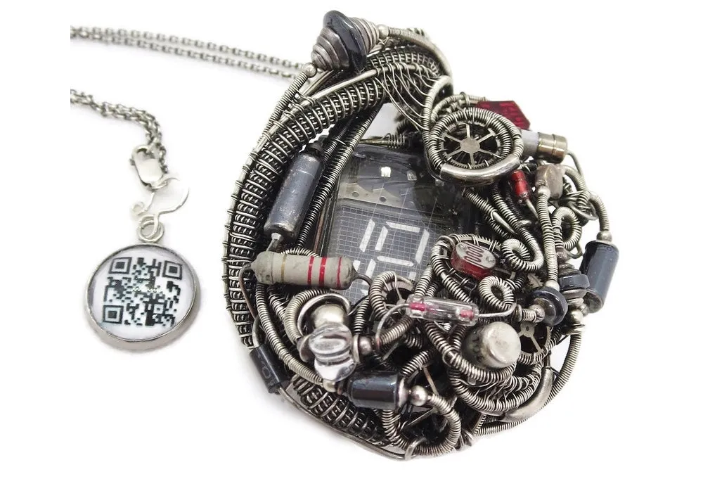Nixie Tube Steampunk/Cyberpunk Fusion Pendant with Upcycled Watch & Electronic Parts