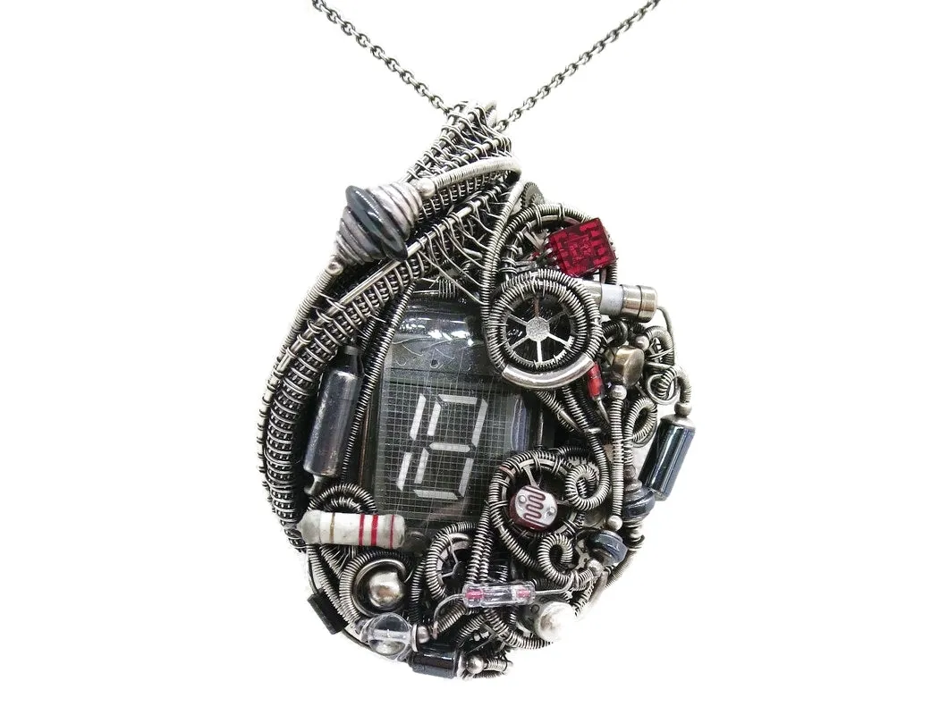 Nixie Tube Steampunk/Cyberpunk Fusion Pendant with Upcycled Watch & Electronic Parts