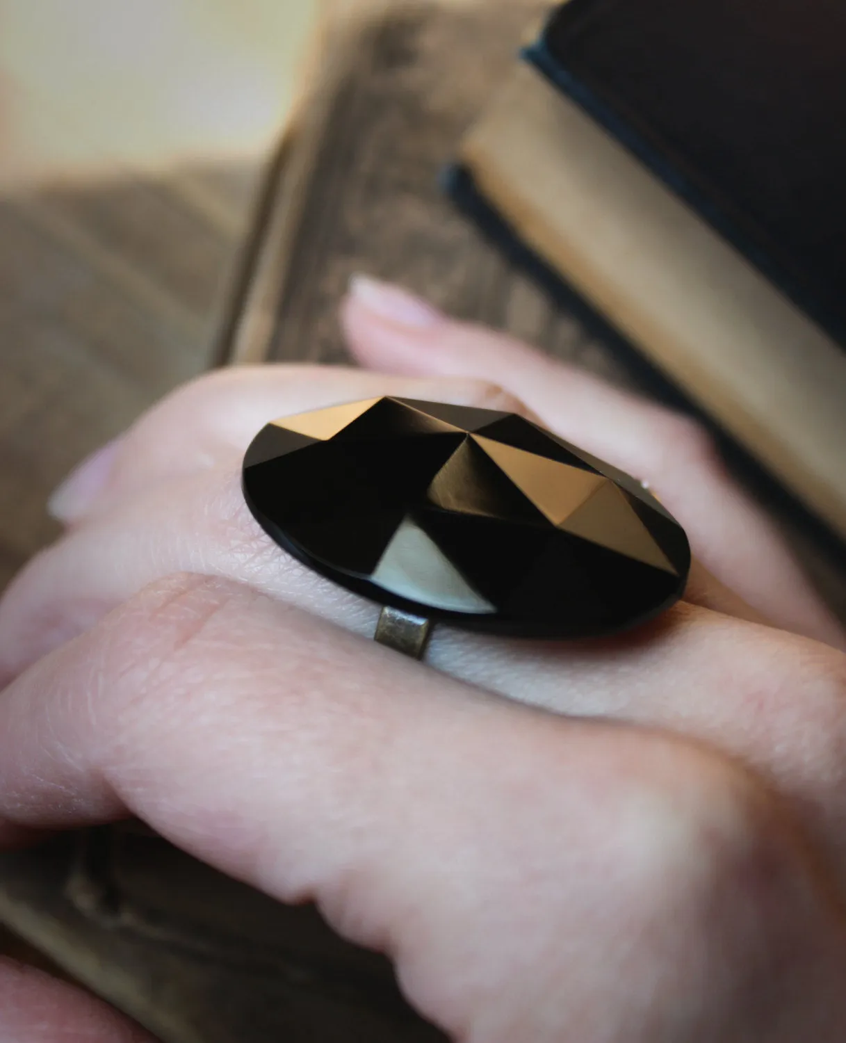 Nocturne. Vintage Faceted Glass Cabochon Statement Ring.