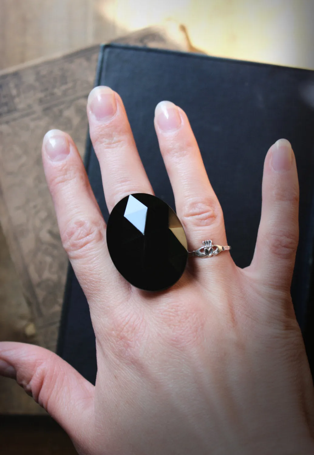 Nocturne. Vintage Faceted Glass Cabochon Statement Ring.