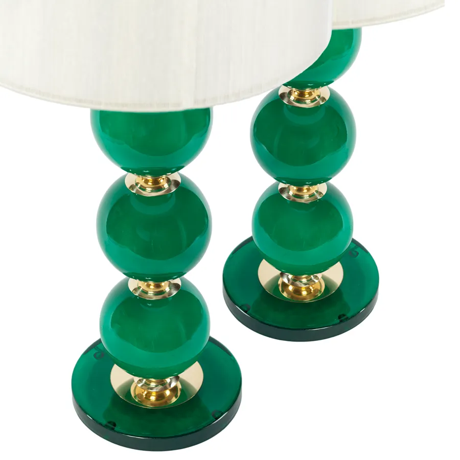 Opaque Candy Green Murano Glass and Brass Ball Lamp - Pair