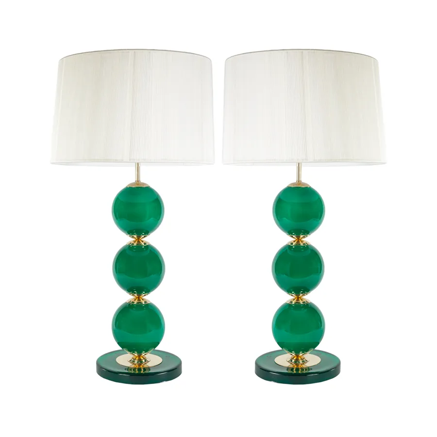 Opaque Candy Green Murano Glass and Brass Ball Lamp - Pair