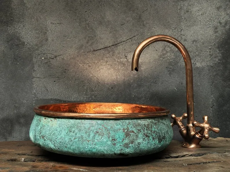 Oxidized Copper Bathroom Sink – Green Patina Copper Washbasin