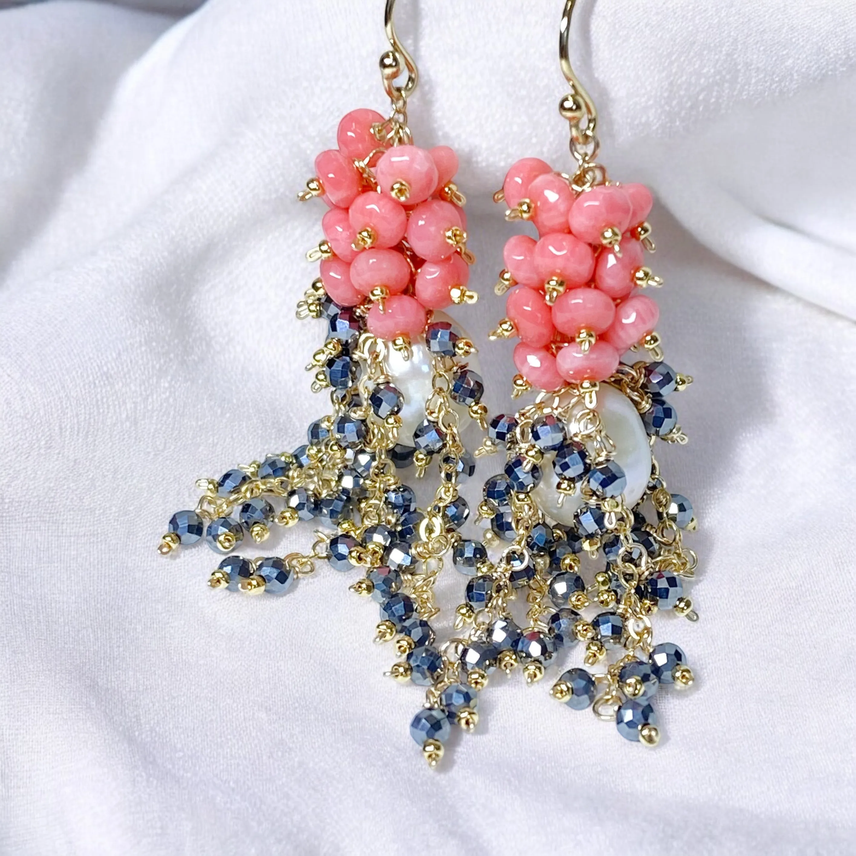 Pearl, Coral and Black Cluster Earrings Gold Fill