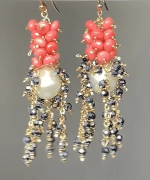 Pearl, Coral and Black Cluster Earrings Gold Fill