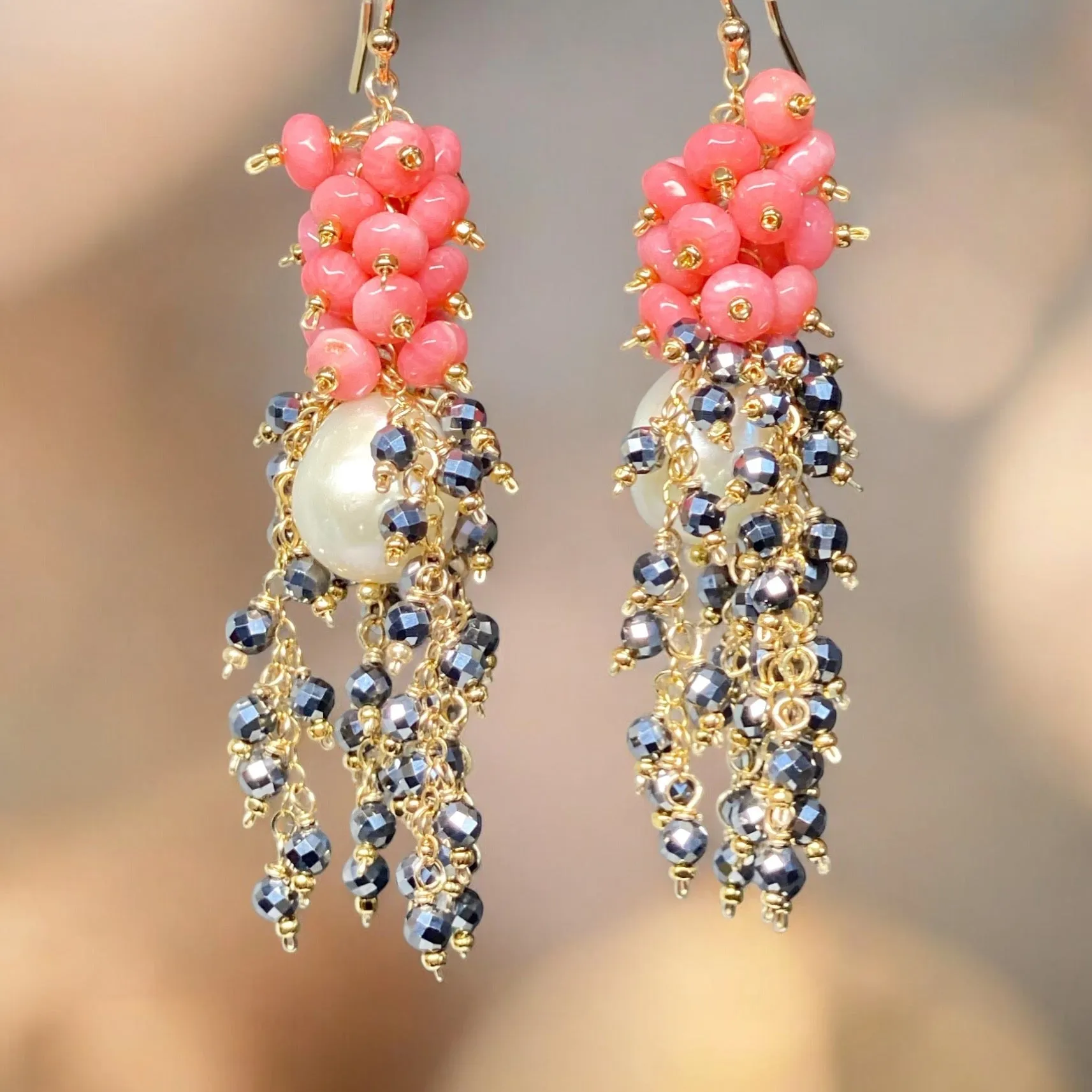 Pearl, Coral and Black Cluster Earrings Gold Fill