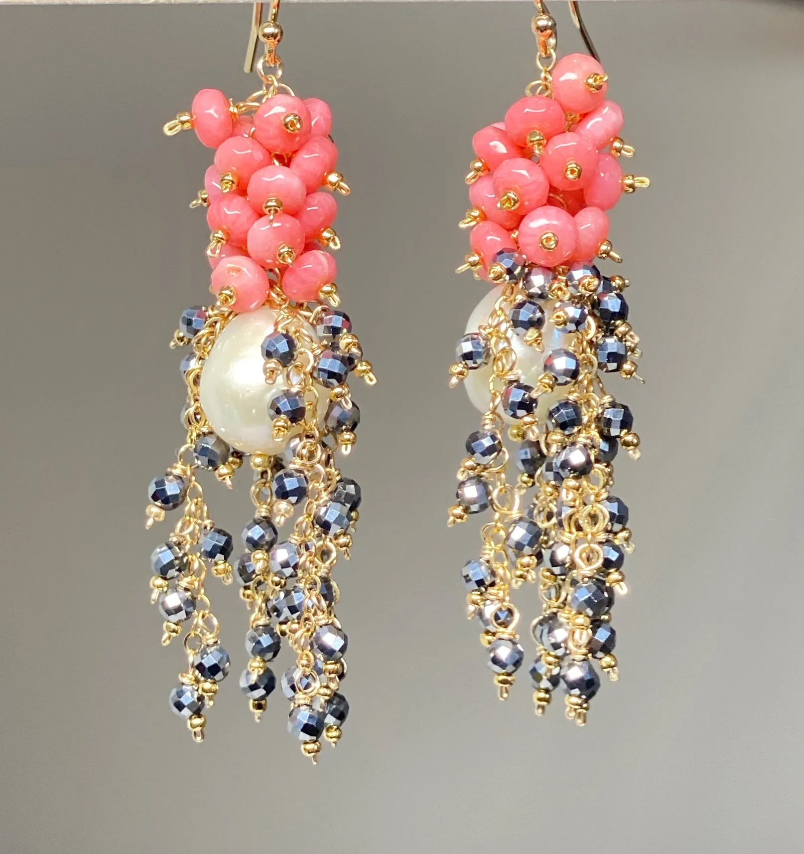 Pearl, Coral and Black Cluster Earrings Gold Fill