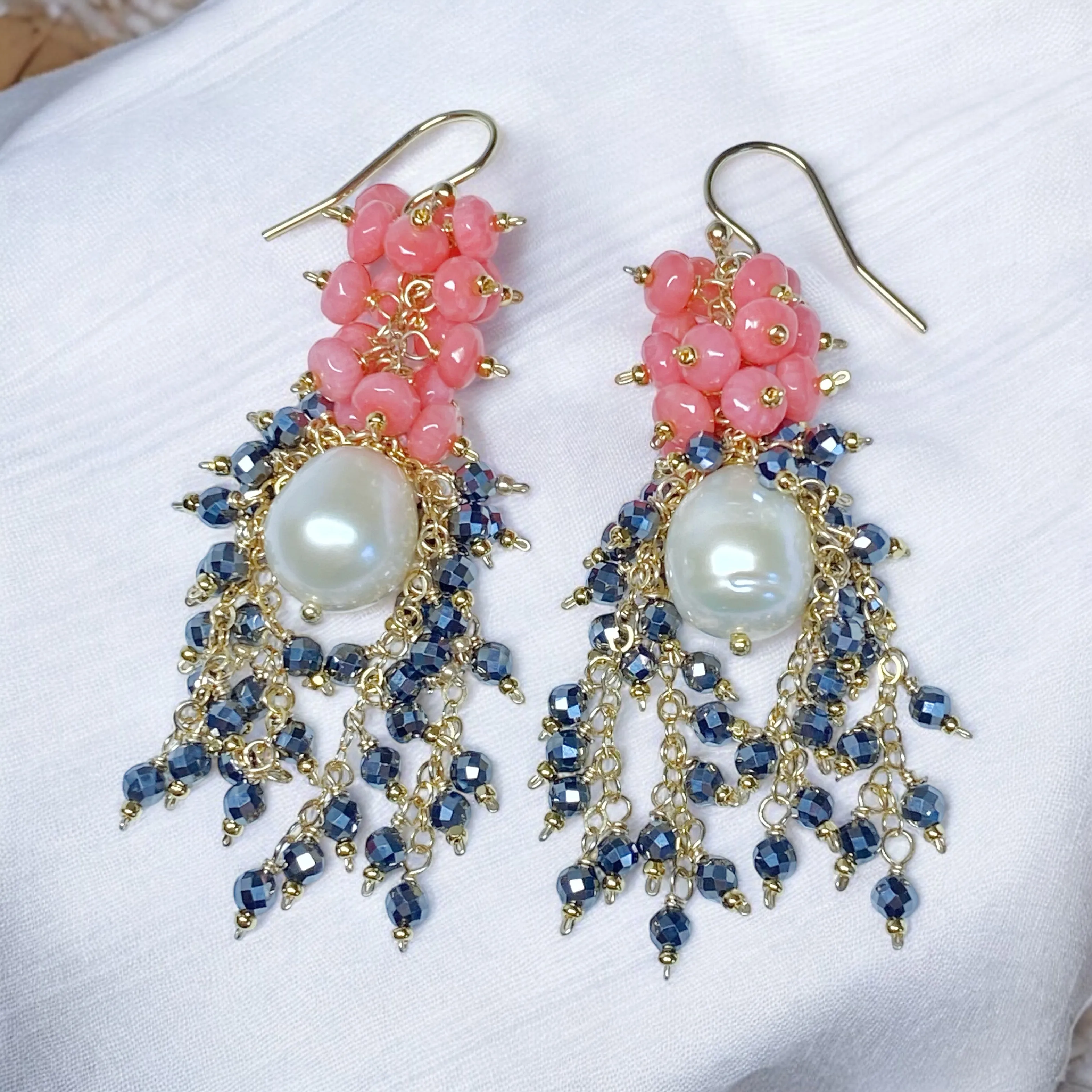 Pearl, Coral and Black Cluster Earrings Gold Fill