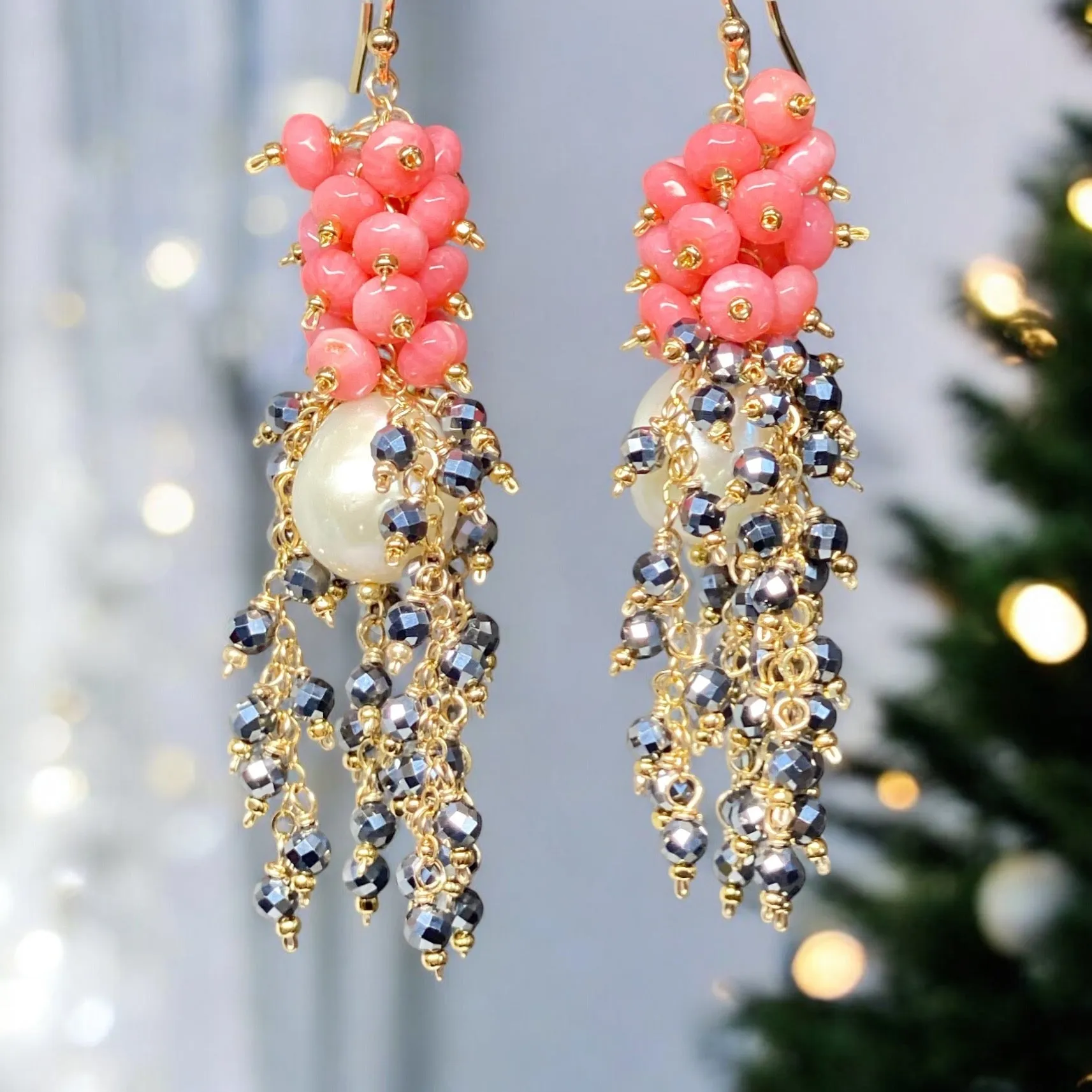 Pearl, Coral and Black Cluster Earrings Gold Fill