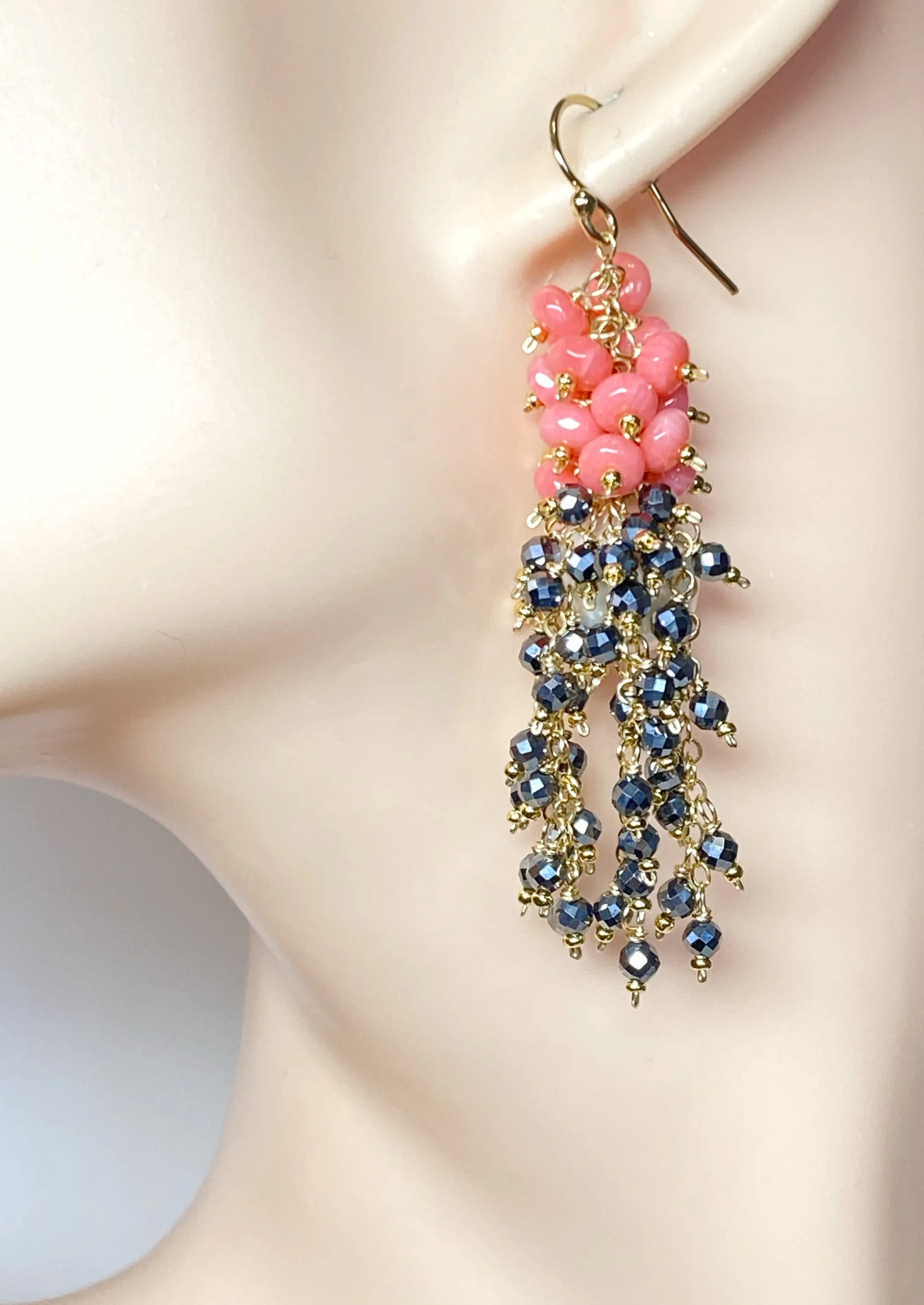 Pearl, Coral and Black Cluster Earrings Gold Fill