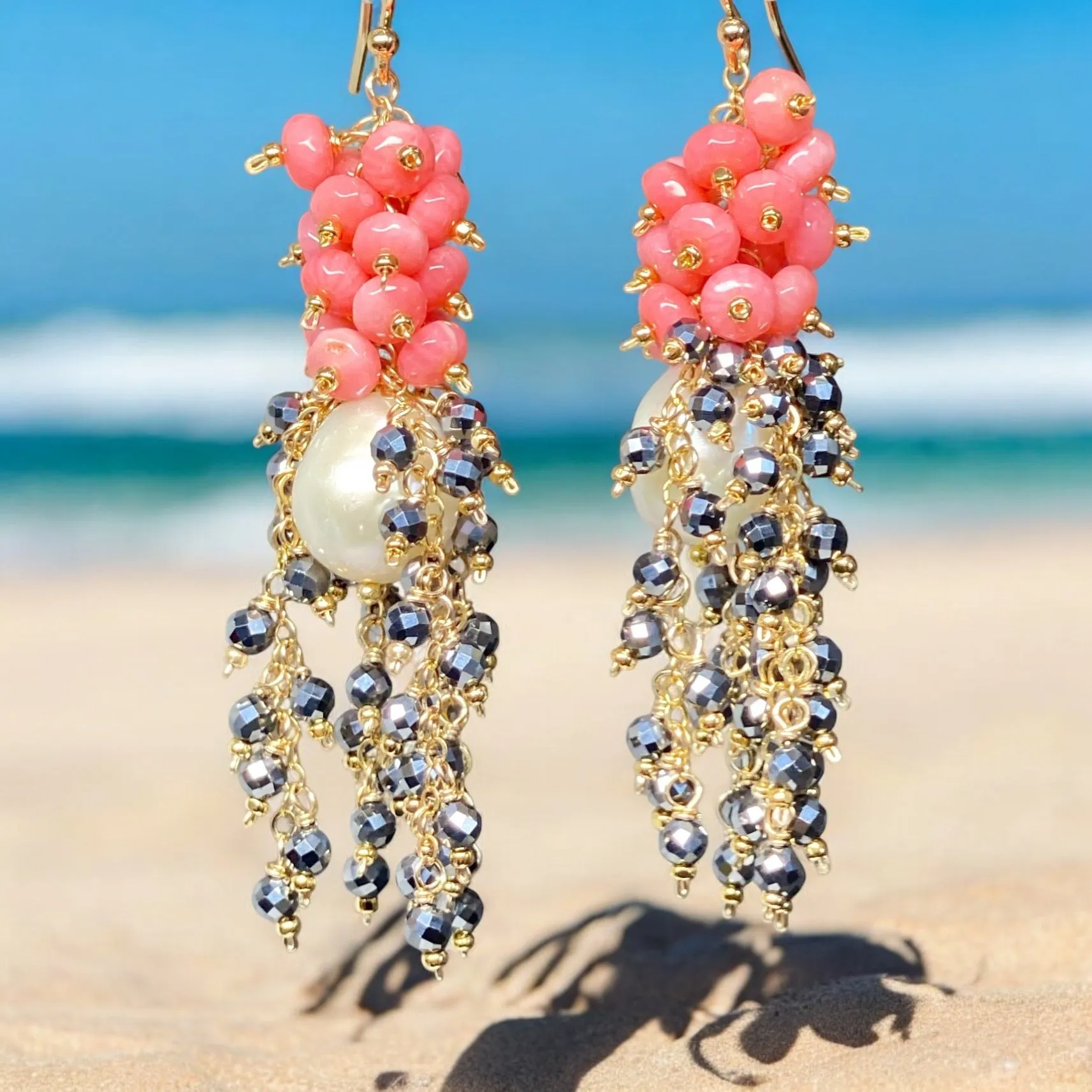 Pearl, Coral and Black Cluster Earrings Gold Fill