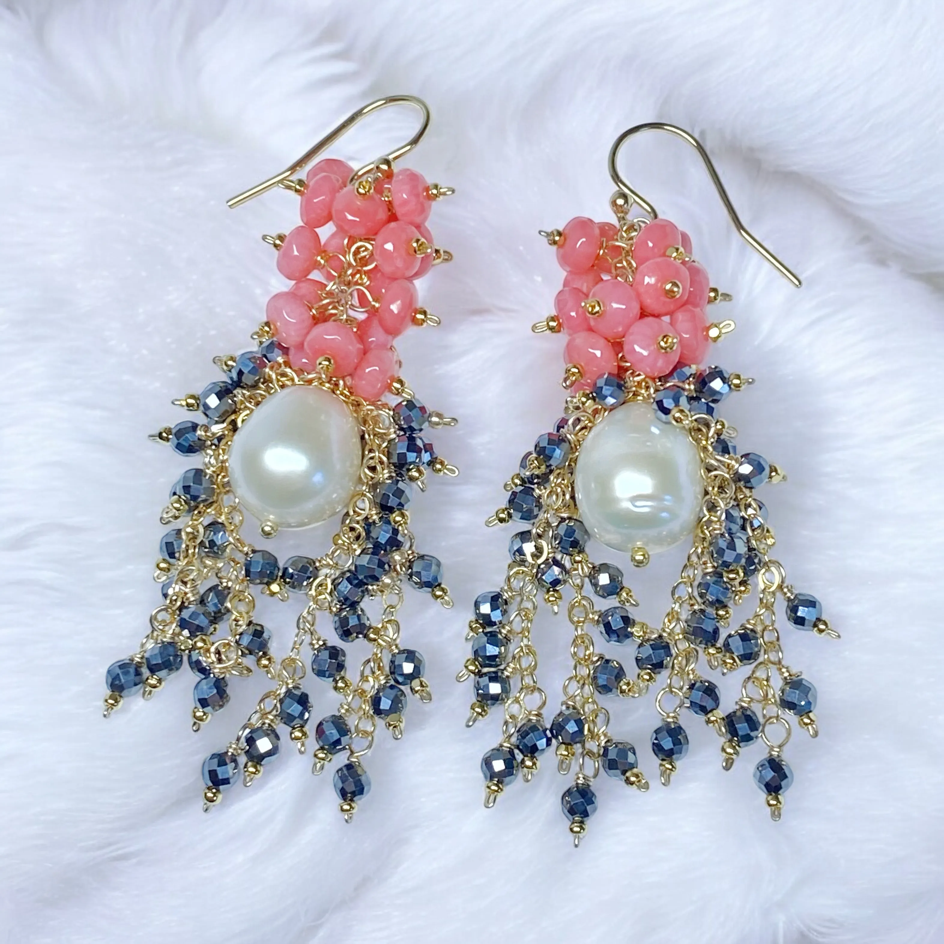 Pearl, Coral and Black Cluster Earrings Gold Fill
