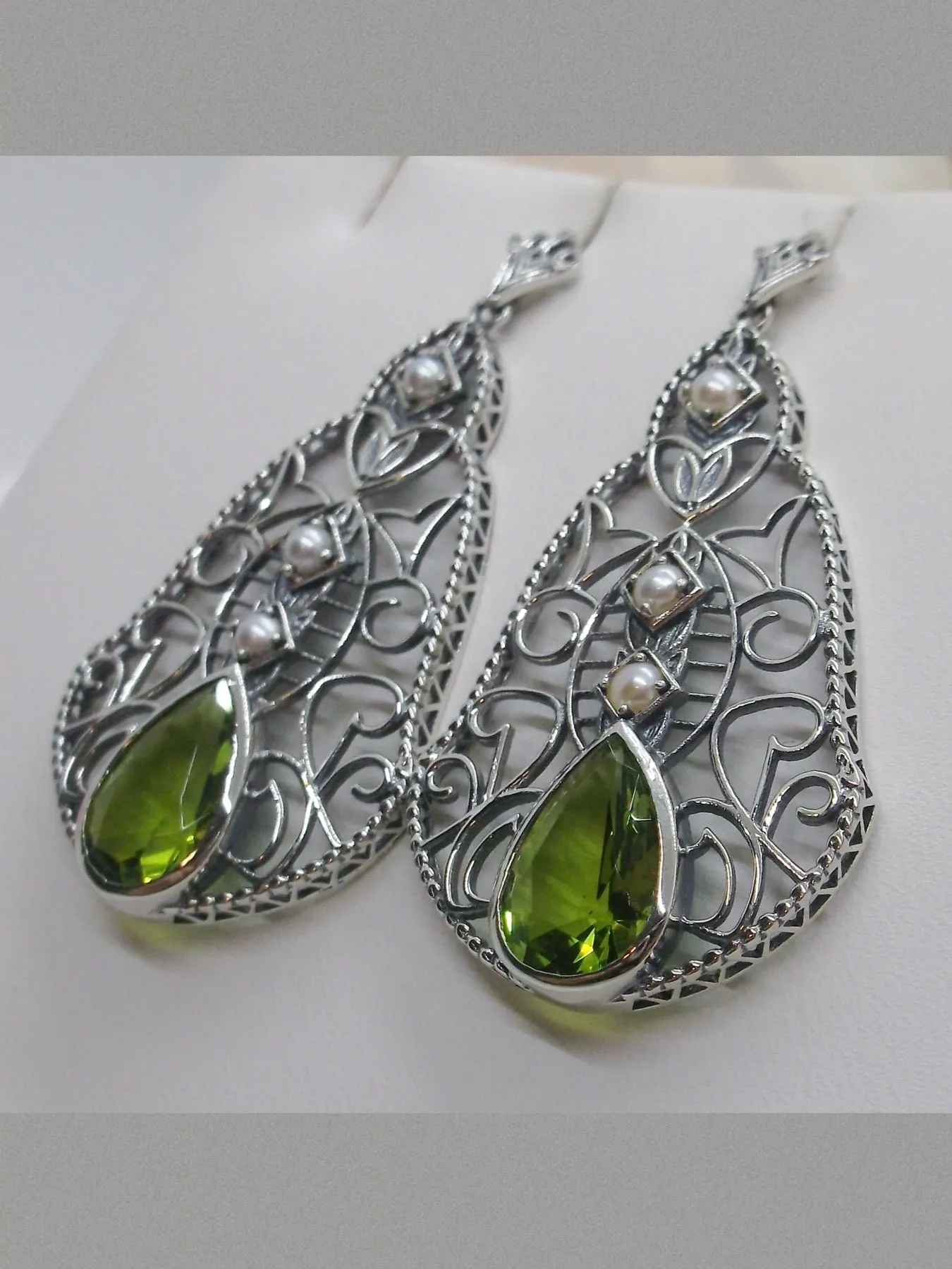 Peridot & Pearl Lavalier Earrings, Victorian Jewelry E22