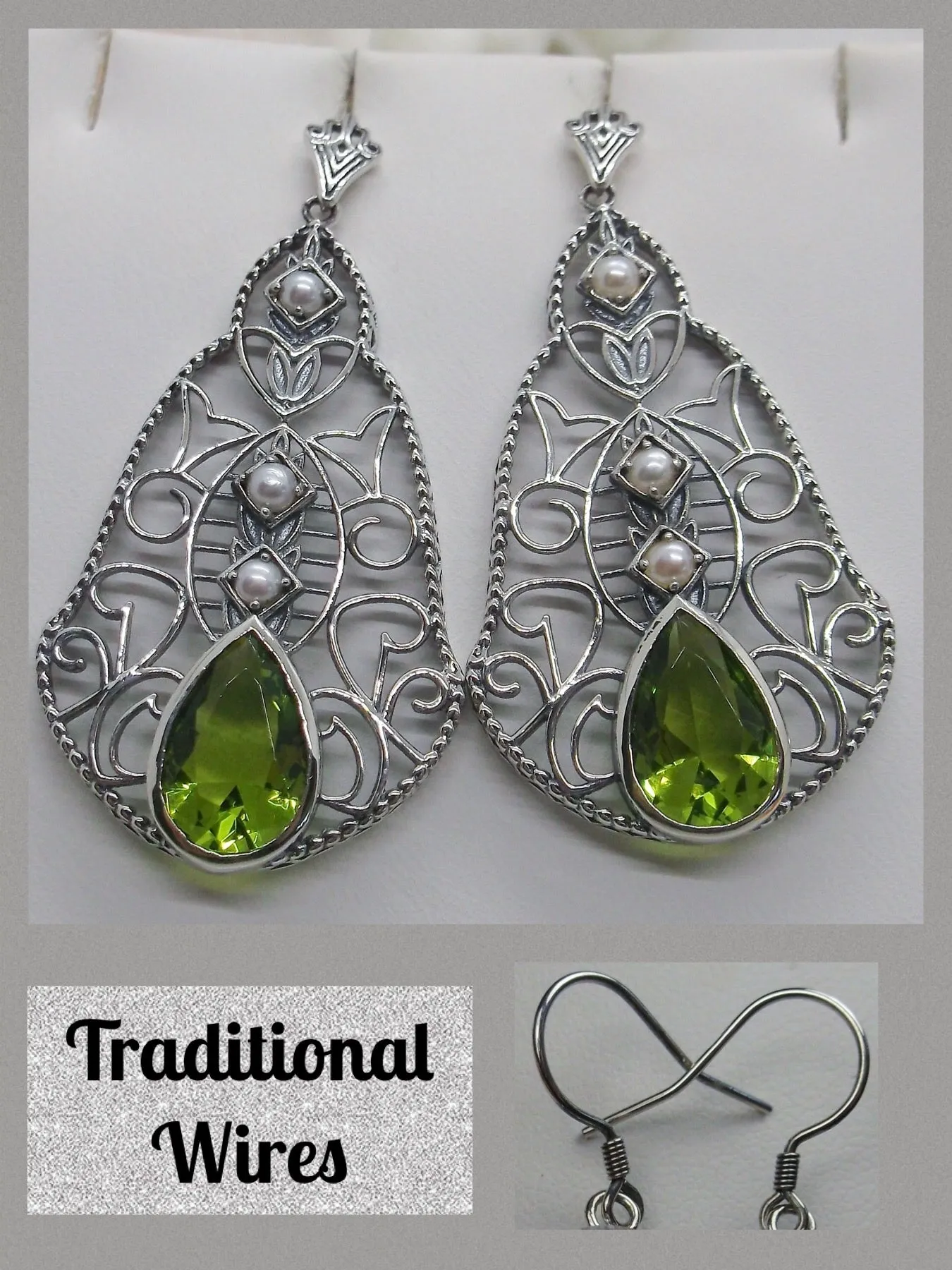 Peridot & Pearl Lavalier Earrings, Victorian Jewelry E22
