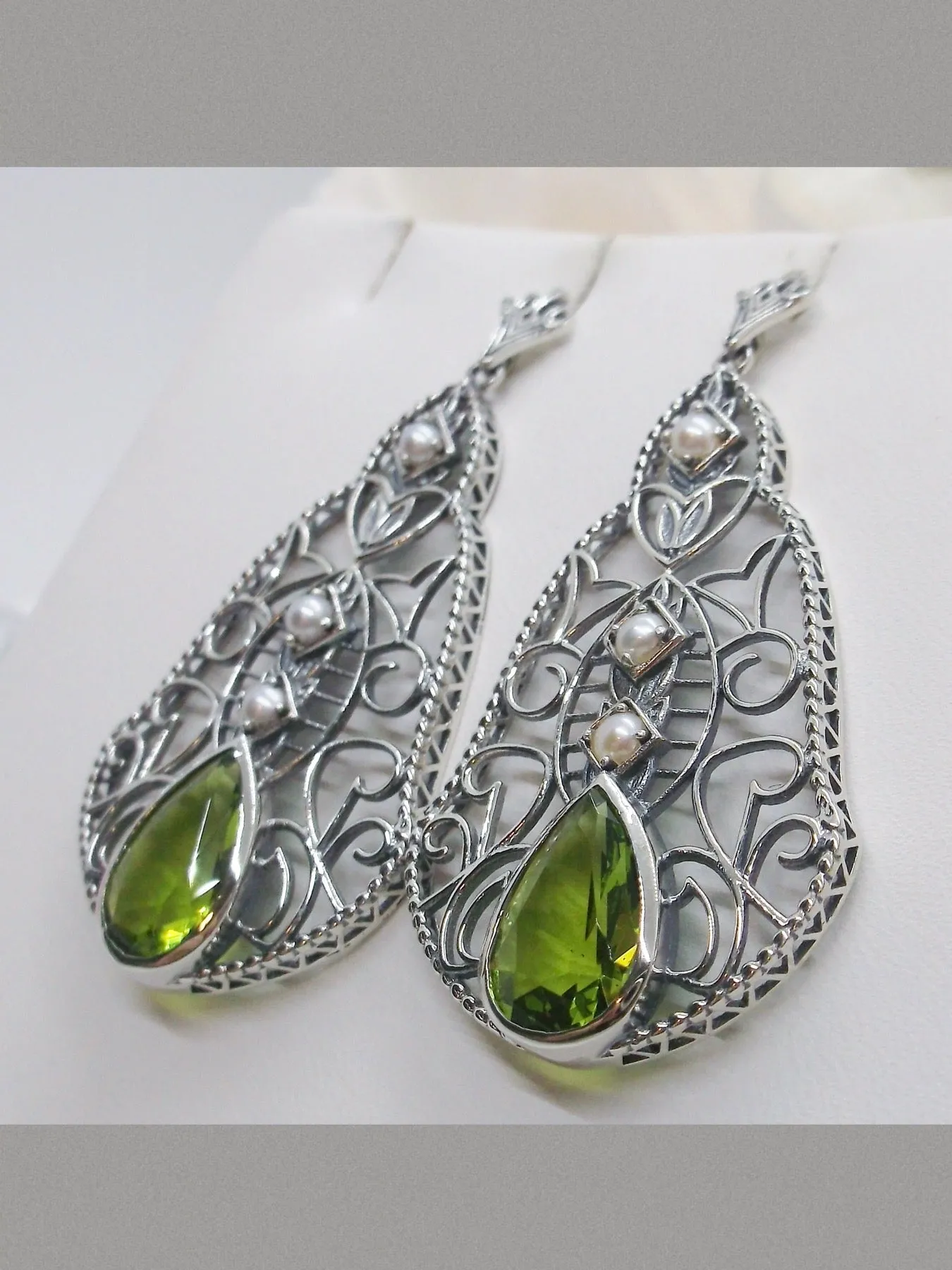 Peridot & Pearl Lavalier Earrings, Victorian Jewelry E22