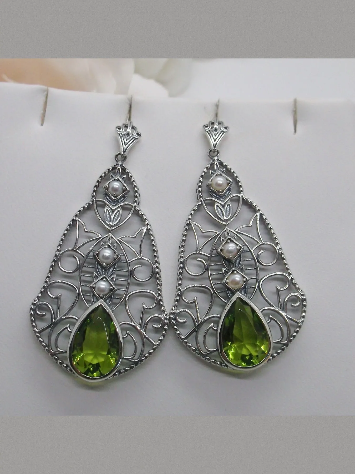 Peridot & Pearl Lavalier Earrings, Victorian Jewelry E22