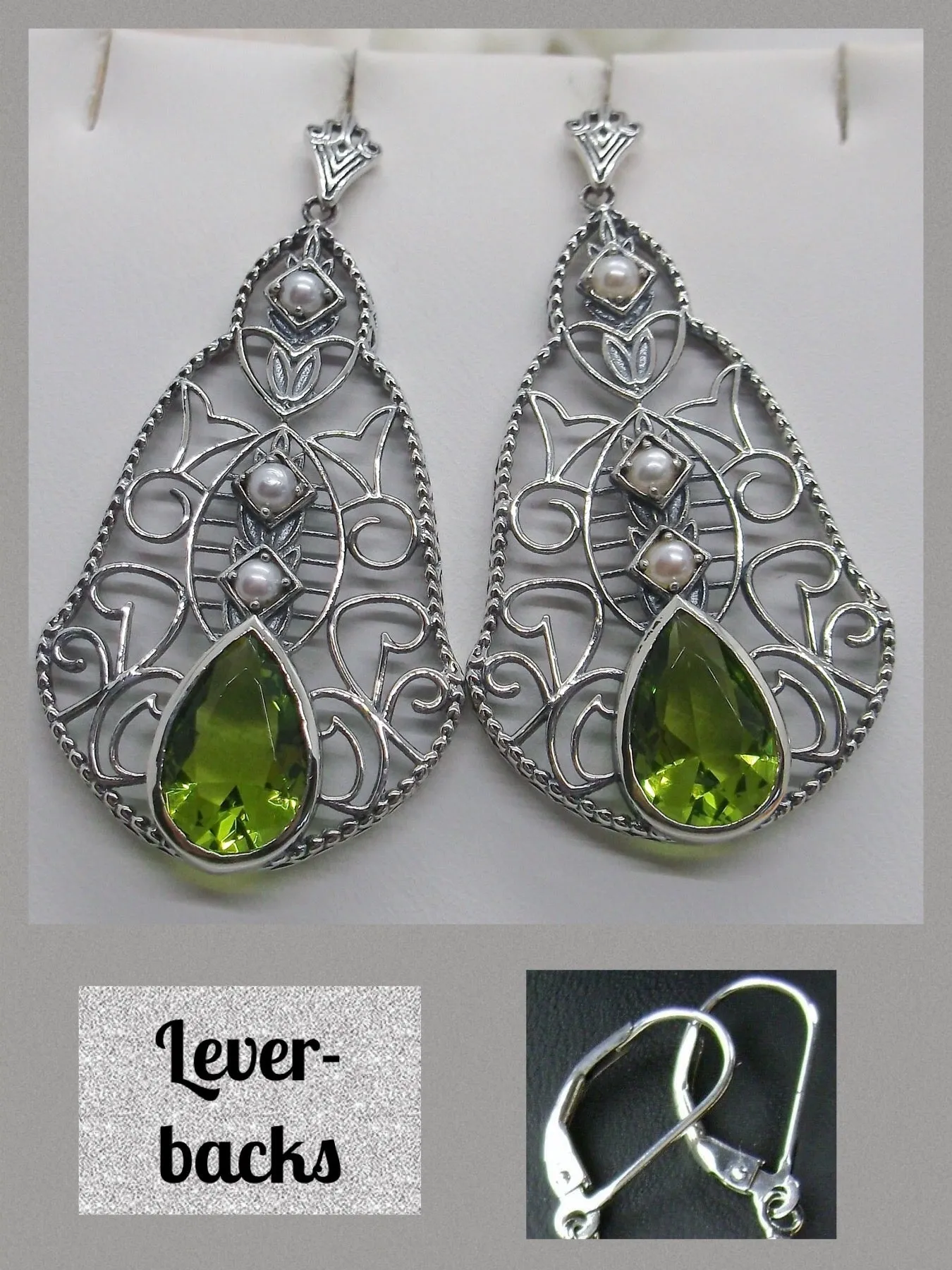 Peridot & Pearl Lavalier Earrings, Victorian Jewelry E22