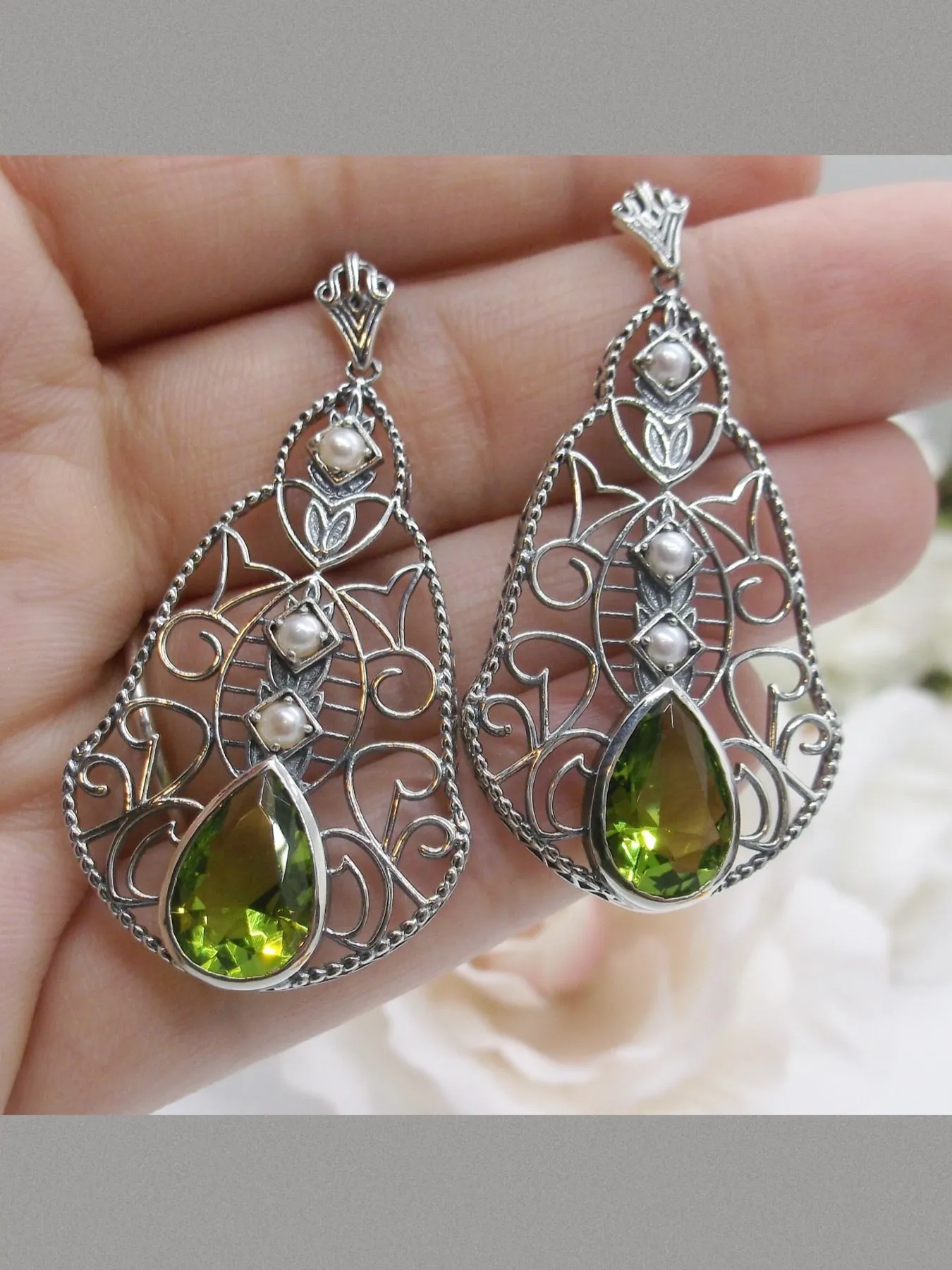 Peridot & Pearl Lavalier Earrings, Victorian Jewelry E22