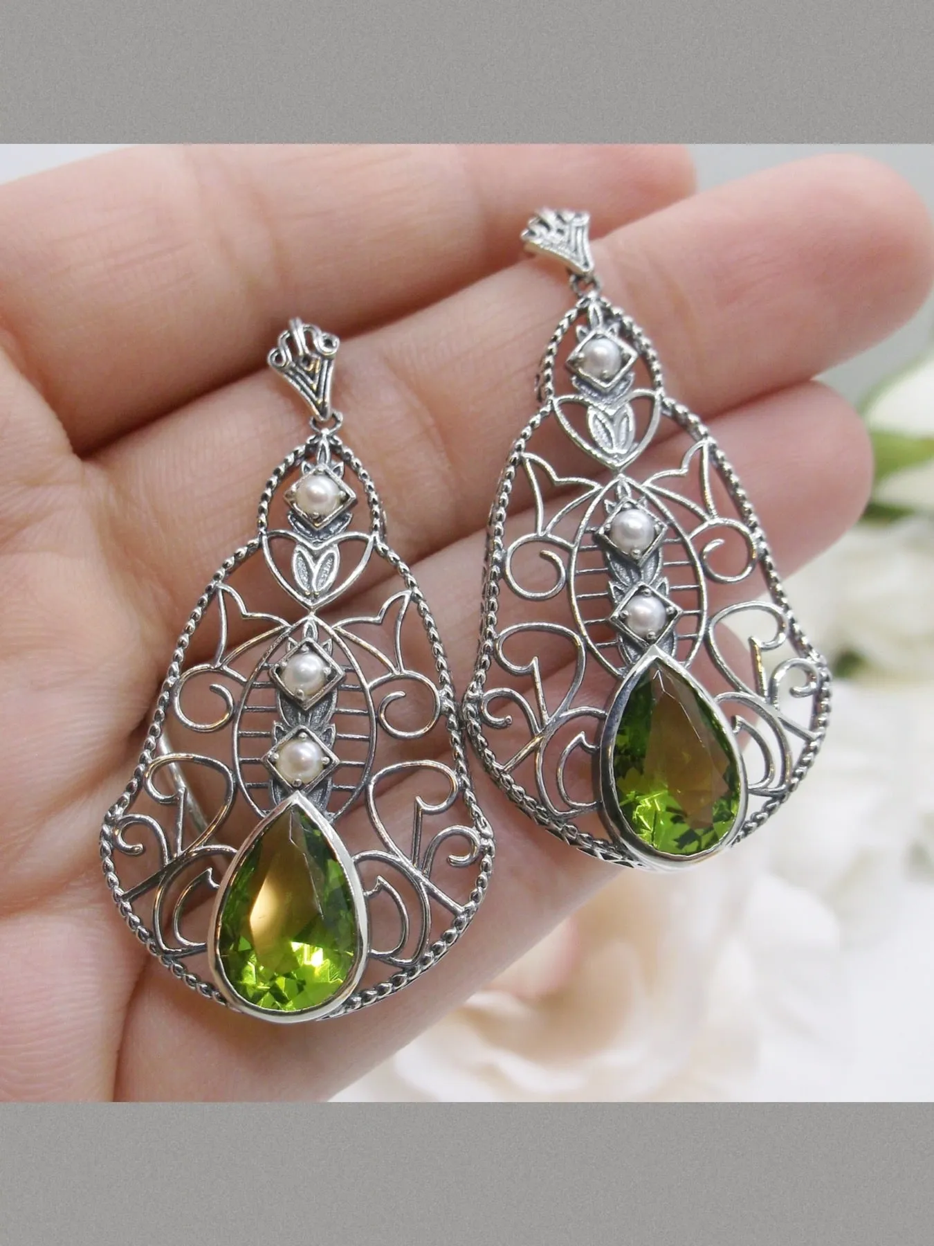 Peridot & Pearl Lavalier Earrings, Victorian Jewelry E22
