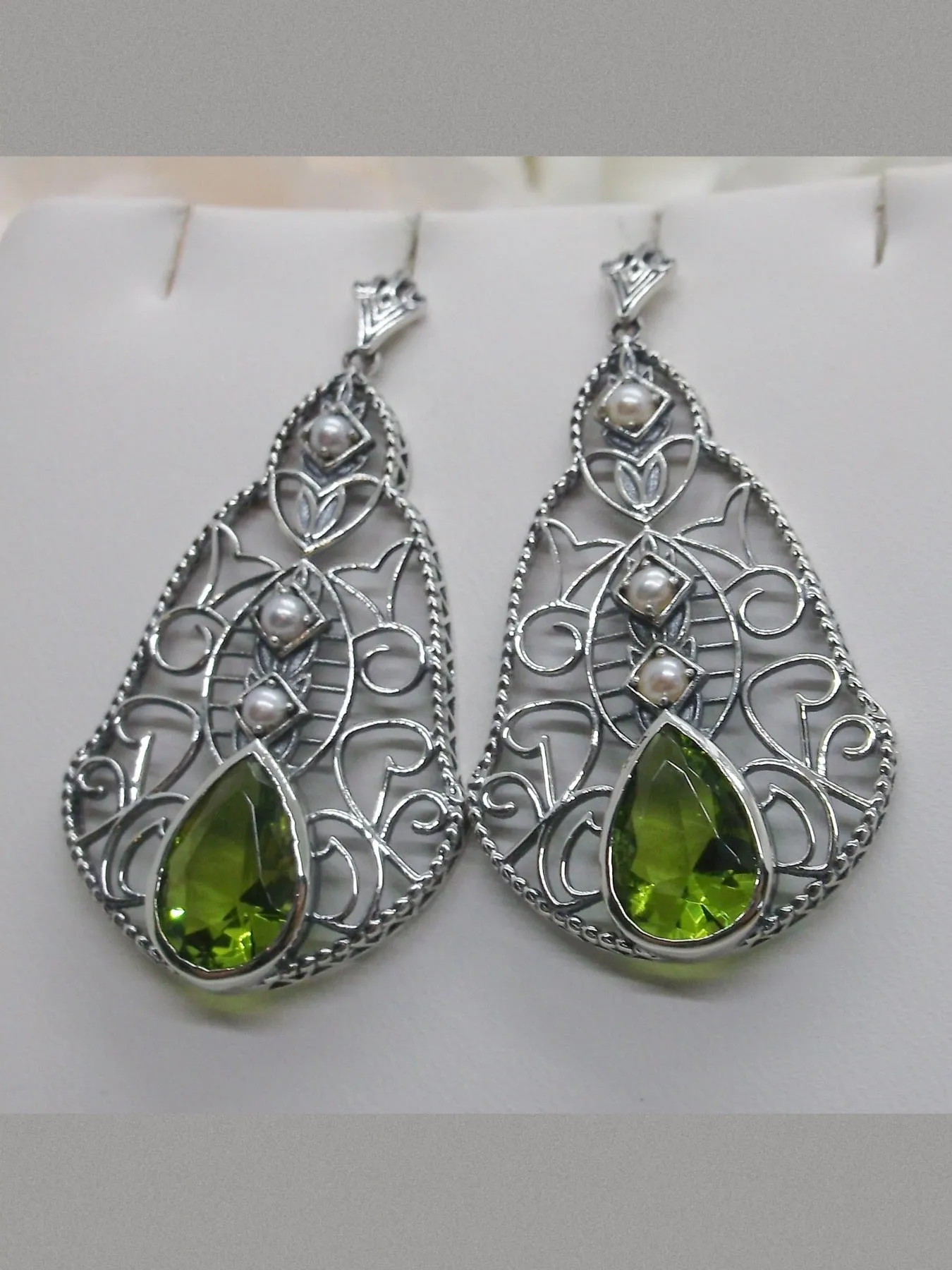 Peridot & Pearl Lavalier Earrings, Victorian Jewelry E22
