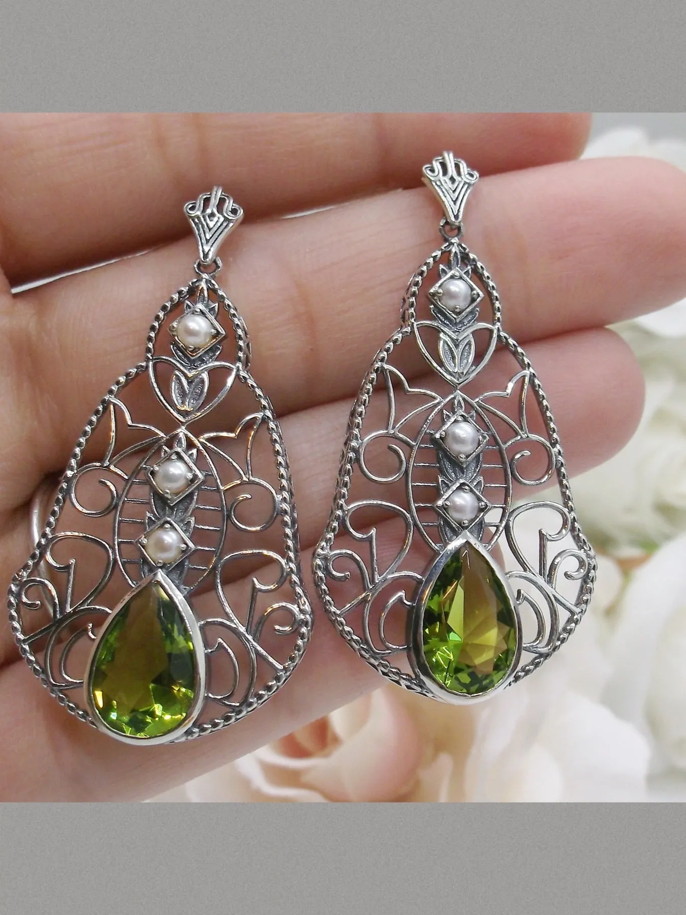 Peridot & Pearl Lavalier Earrings, Victorian Jewelry E22