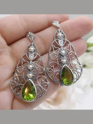 Peridot & Pearl Lavalier Earrings, Victorian Jewelry E22