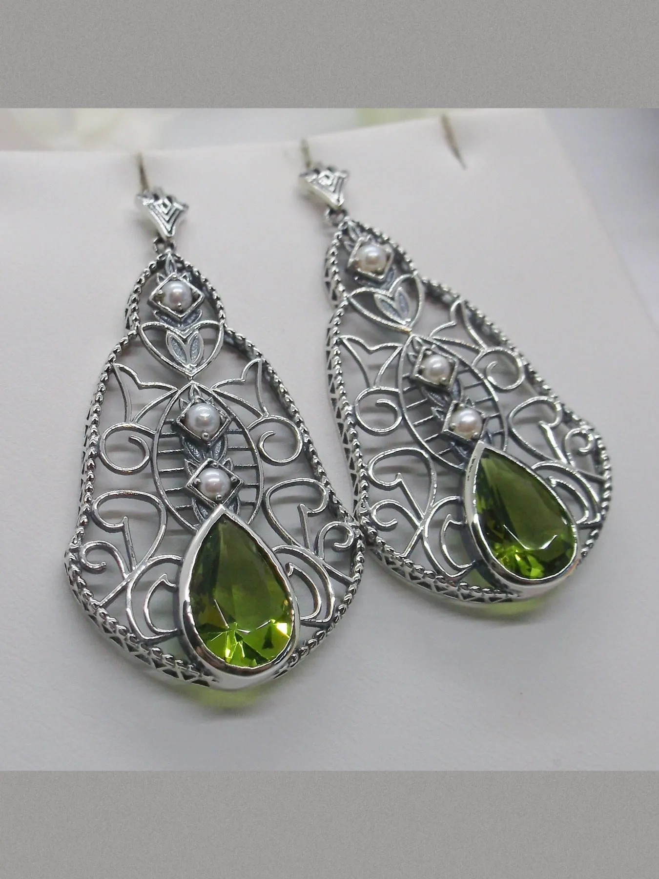 Peridot & Pearl Lavalier Earrings, Victorian Jewelry E22
