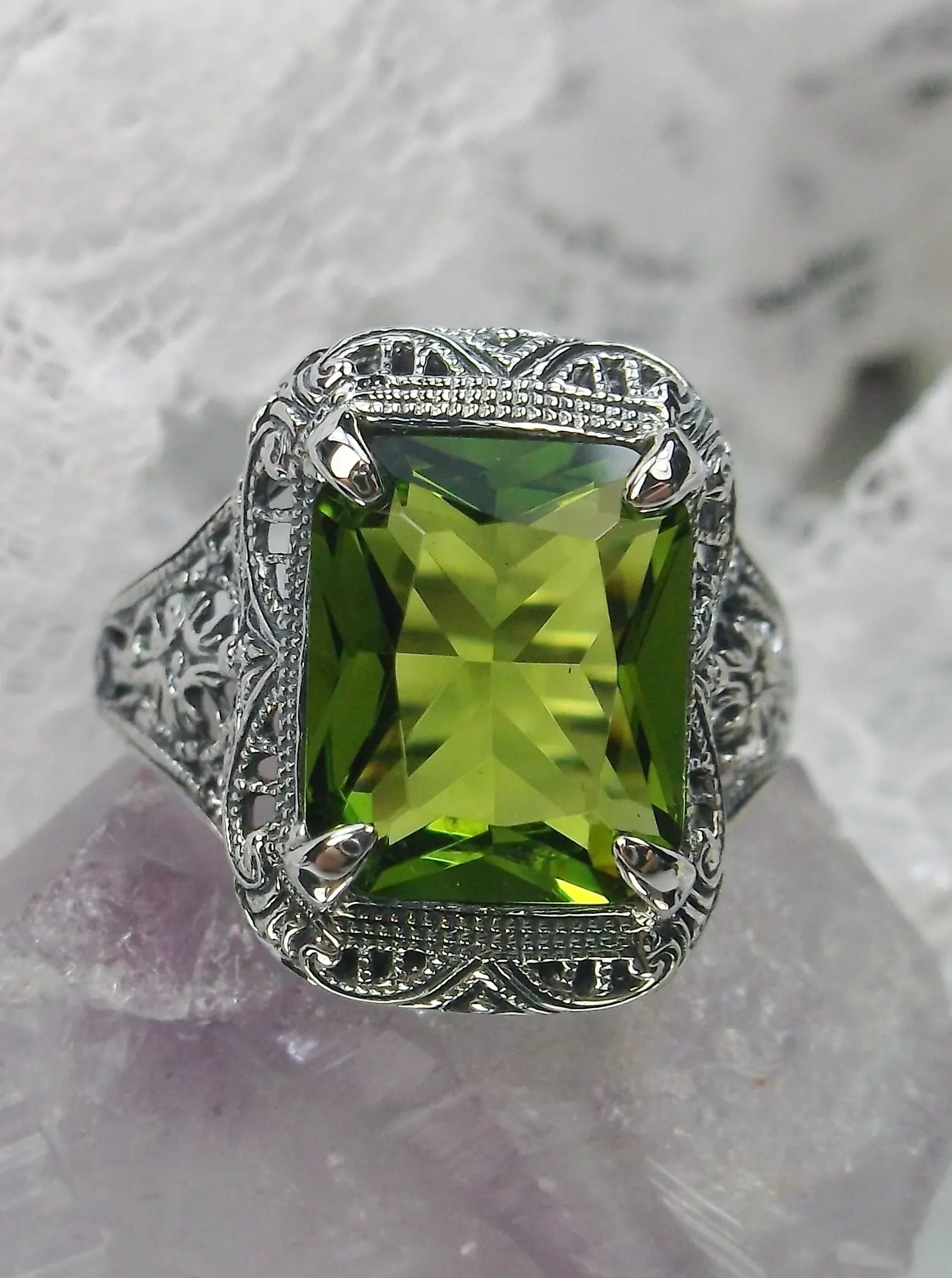 Peridot Ring, 5ct Rectangle Gem, Vintage Jewelry #D200