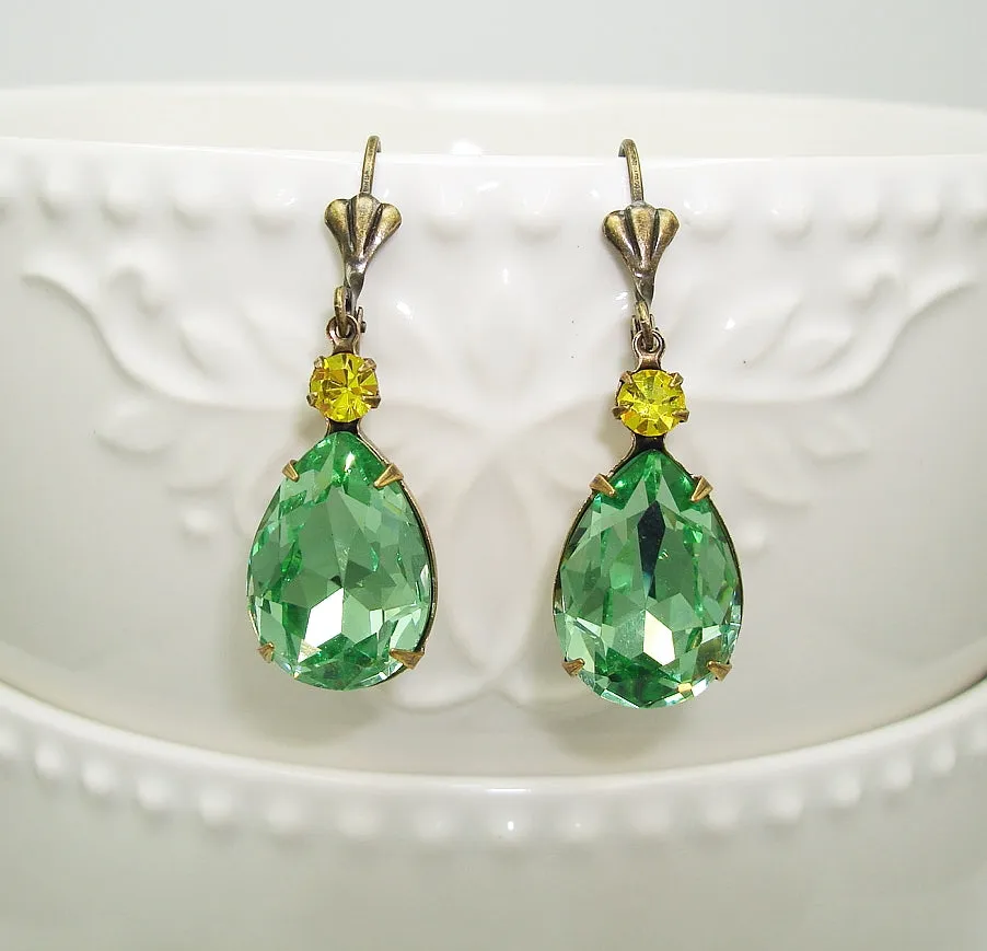 Peridot Swarovski Teardrop Citrine Swarovski Crystal Wedding Gift Earrings
