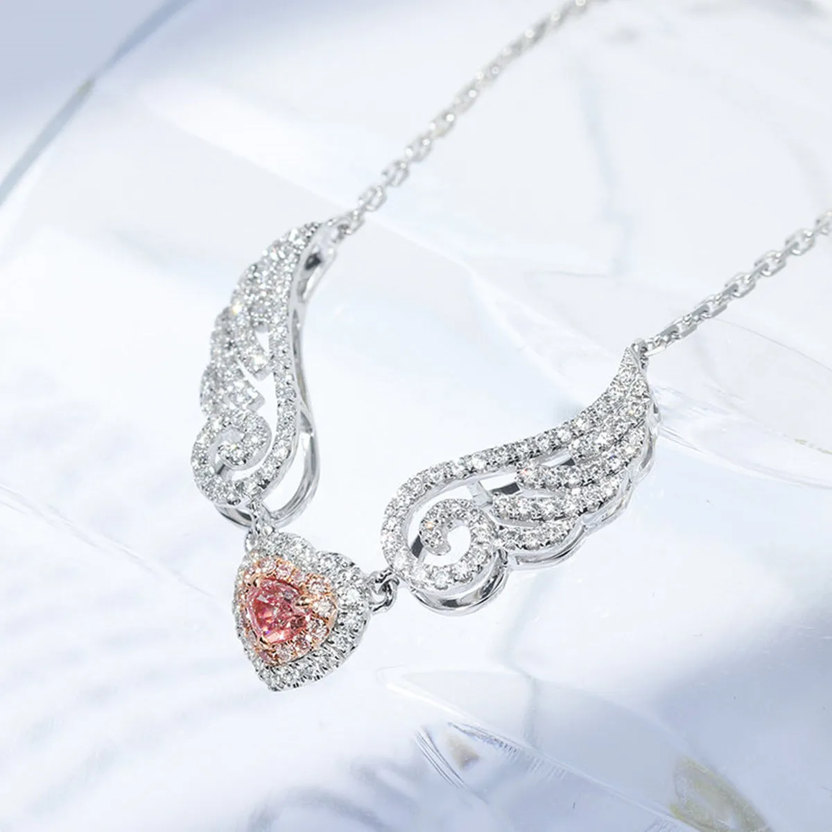 Pink Diamond Heart Angel Wings Pendant Necklace