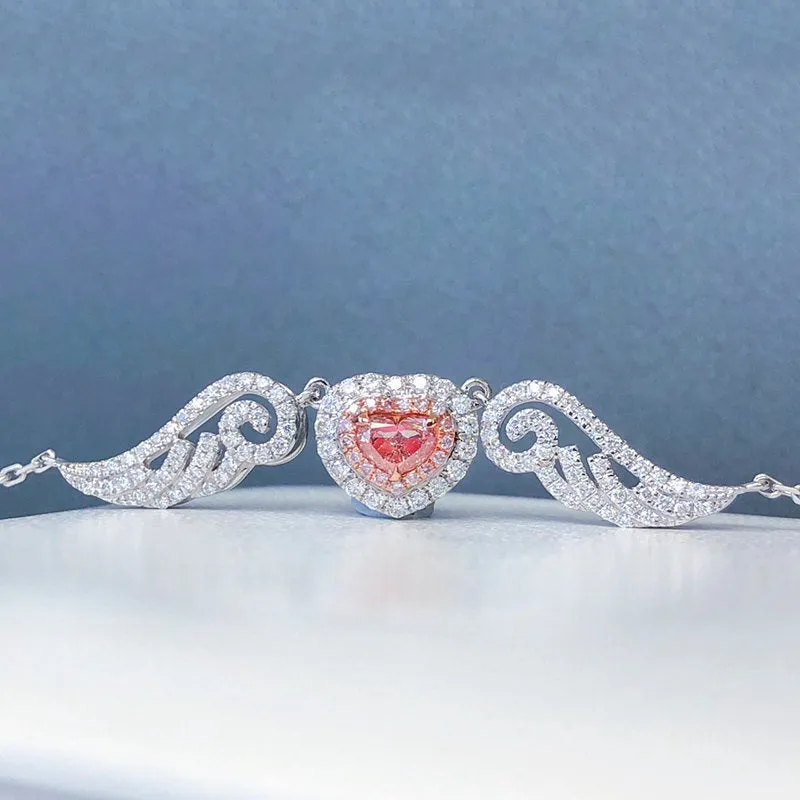 Pink Diamond Heart Angel Wings Pendant Necklace