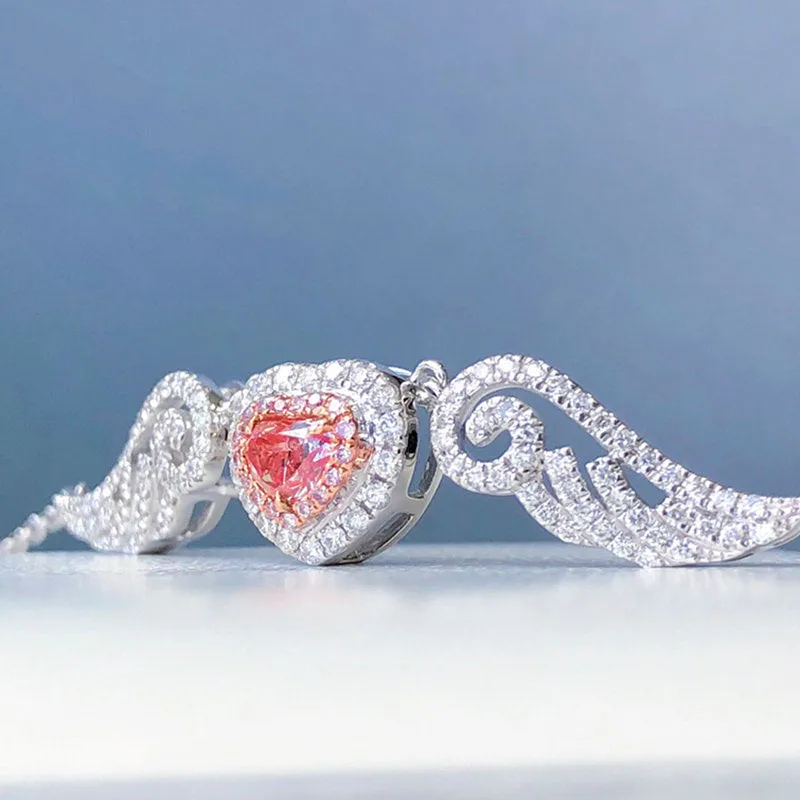 Pink Diamond Heart Angel Wings Pendant Necklace