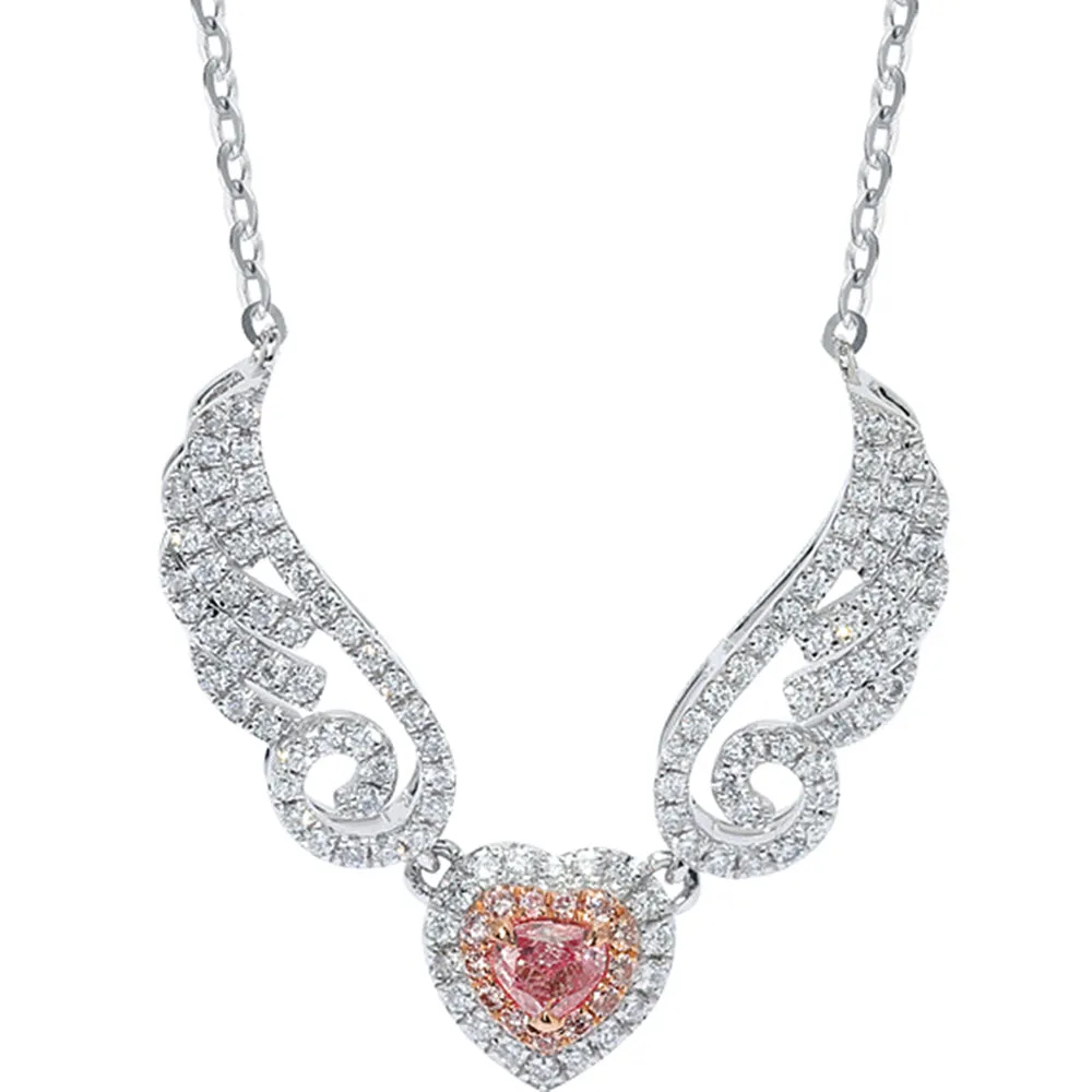 Pink Diamond Heart Angel Wings Pendant Necklace